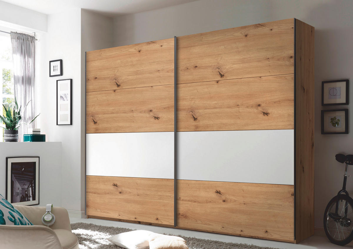 SCHWEBETÜRENSCHRANK 240/225/64 cm 2-türig Graphitfarben, Weiß, Eichefarben  - Chromfarben/Eichefarben, KONVENTIONELL, Holzwerkstoff/Metall (240/225/64cm) - Xora