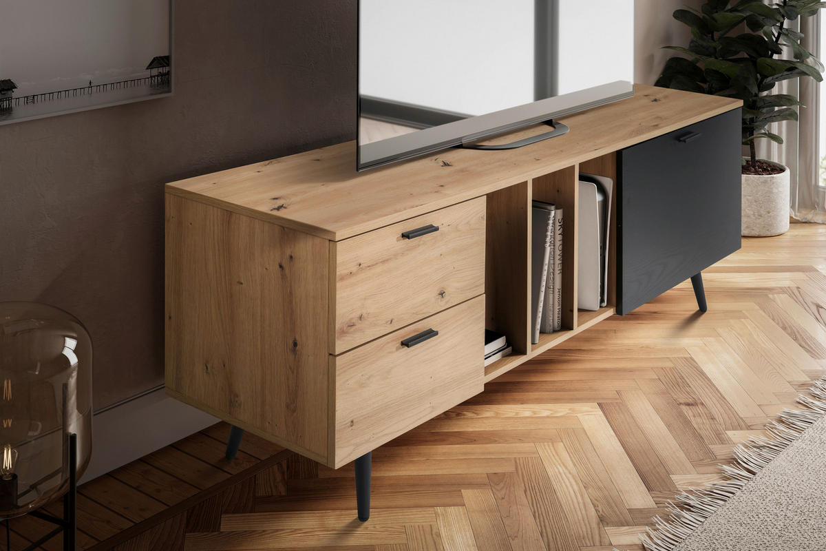 NIZKA OMARICA črna, barve hrasta  - črna/barve hrasta, Design, kovina/leseni material (150/55/40cm) - Livetastic