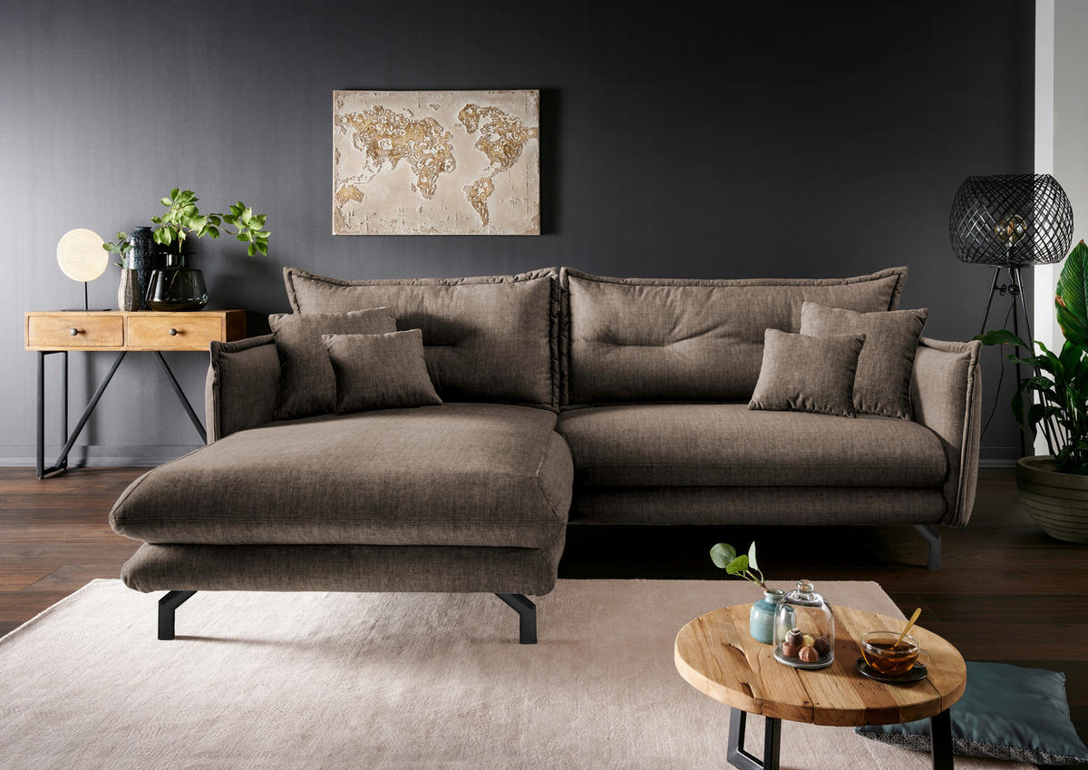 ECKSOFA in Velours Braun  - Türkis/Schwarz, Modern, Textil/Metall (180/255cm) - Livetastic