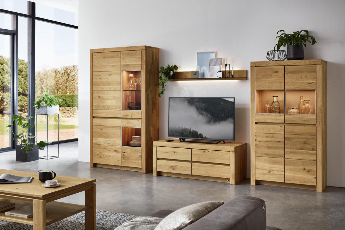 WOHNWAND  in Eichefarben  376,9/200,8/51,7 cm  - Eichefarben, Design, Glas/Holz (376,9/200,8/51,7cm) - Valdera