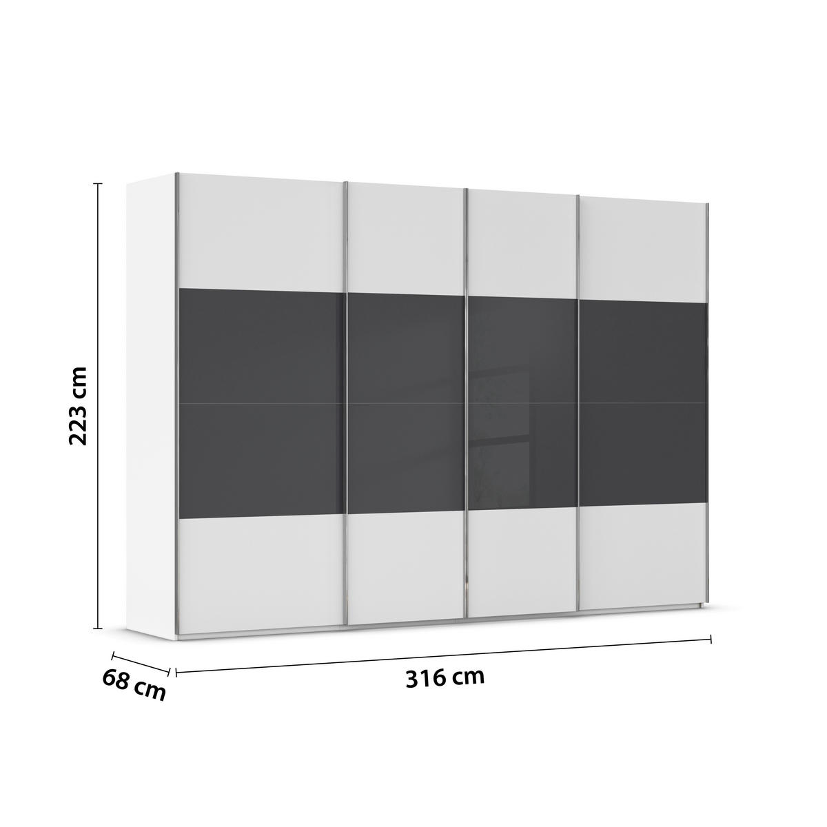 SCHWEBETÜRENSCHRANK 316/223/68 cm 4-türig Weiß, Schwarz  - Chromfarben/Schwarz, KONVENTIONELL, Glas/Holzwerkstoff (316/223/68cm) - Novel