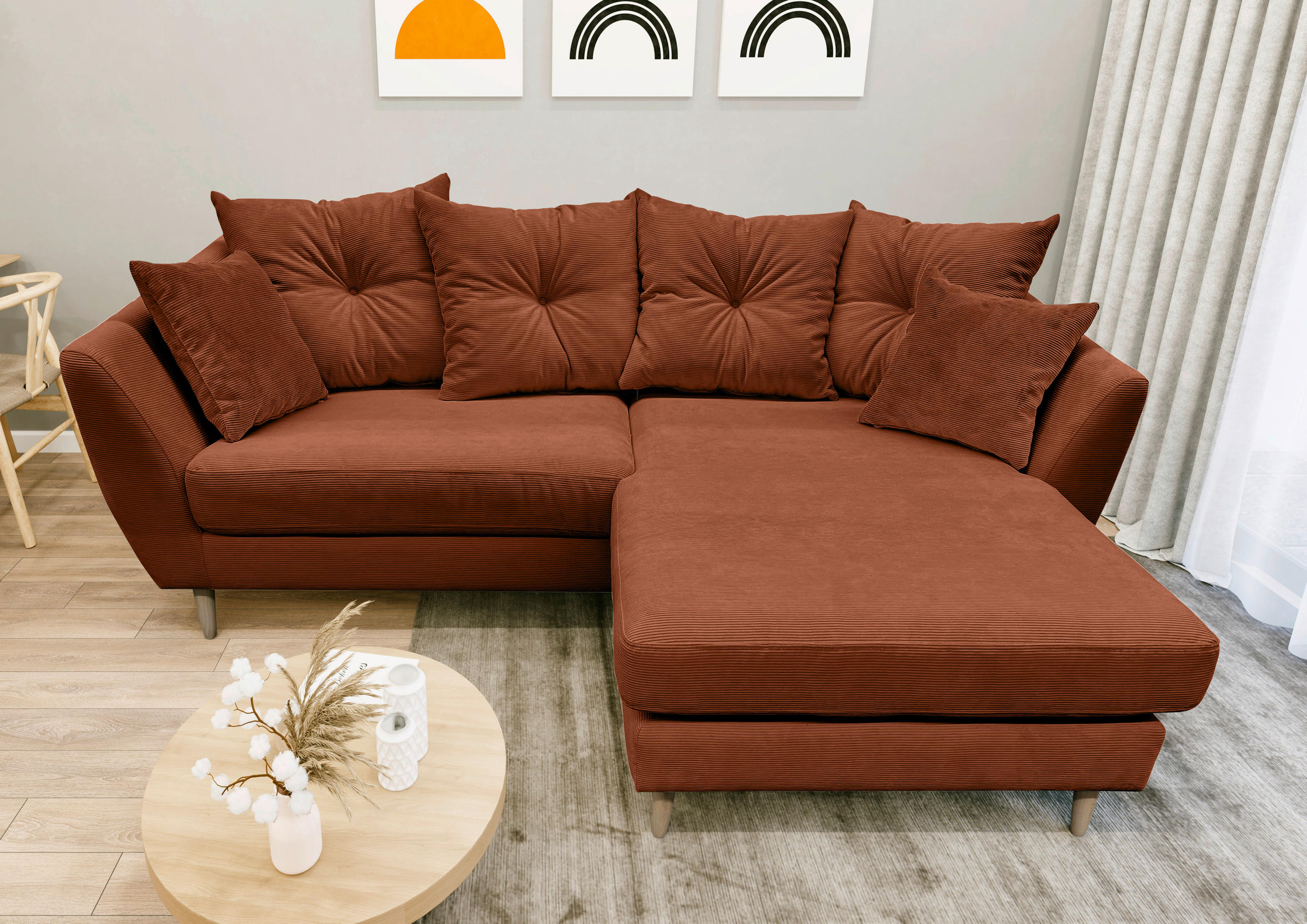 ECKSOFA Kupferfarben Feincord  - Buchefarben/Kupferfarben, KONVENTIONELL, Holz/Textil (211/154cm) - Carryhome