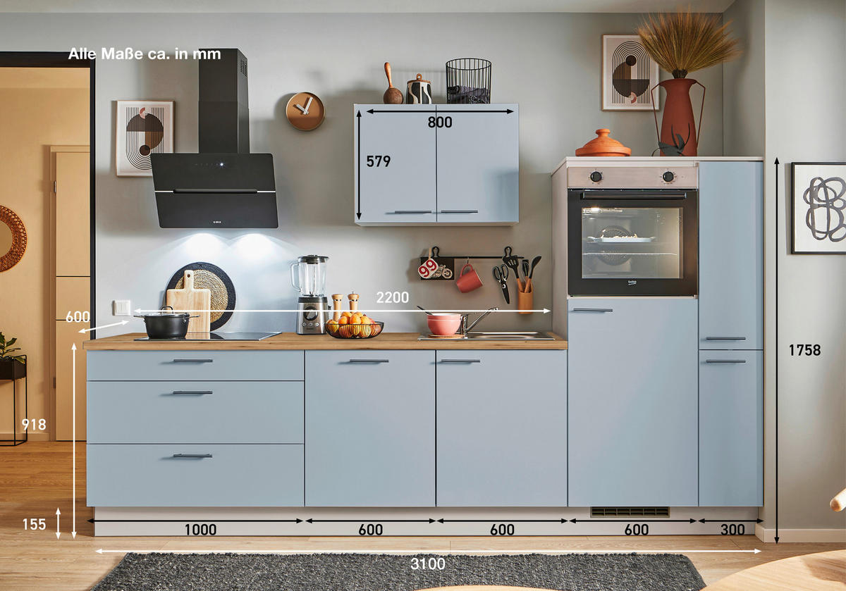 KÜCHENBLOCK PN 105 310 cm  in Eichefarben, Kaschmir, Pastellblau  - Kaschmir/Edelstahlfarben, Design, Holzwerkstoff/Metall (310cm) - Pino