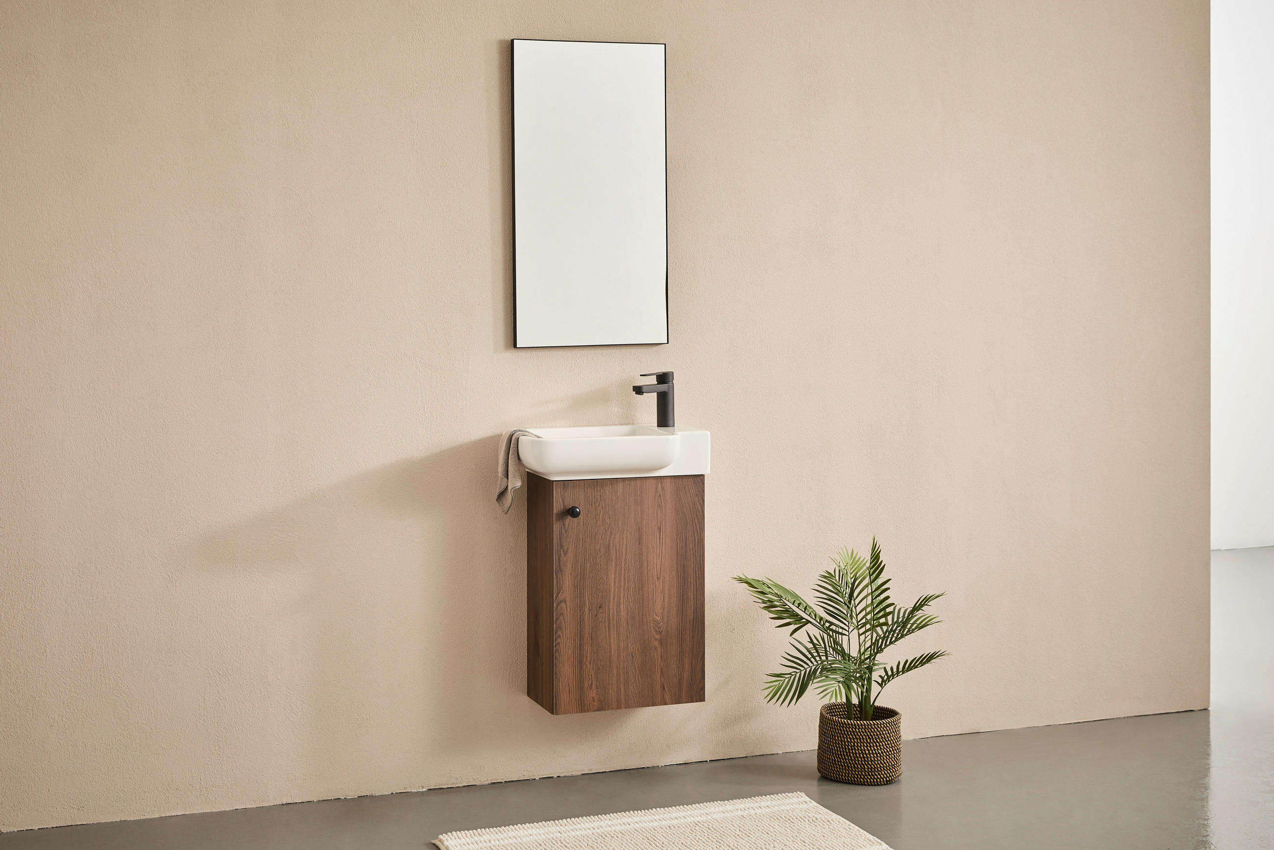 GÄSTEBAD 55 cm  - Weiß Hochglanz/Walnussfarben, MODERN, Keramik/Holzwerkstoff (55cm) - MID.YOU