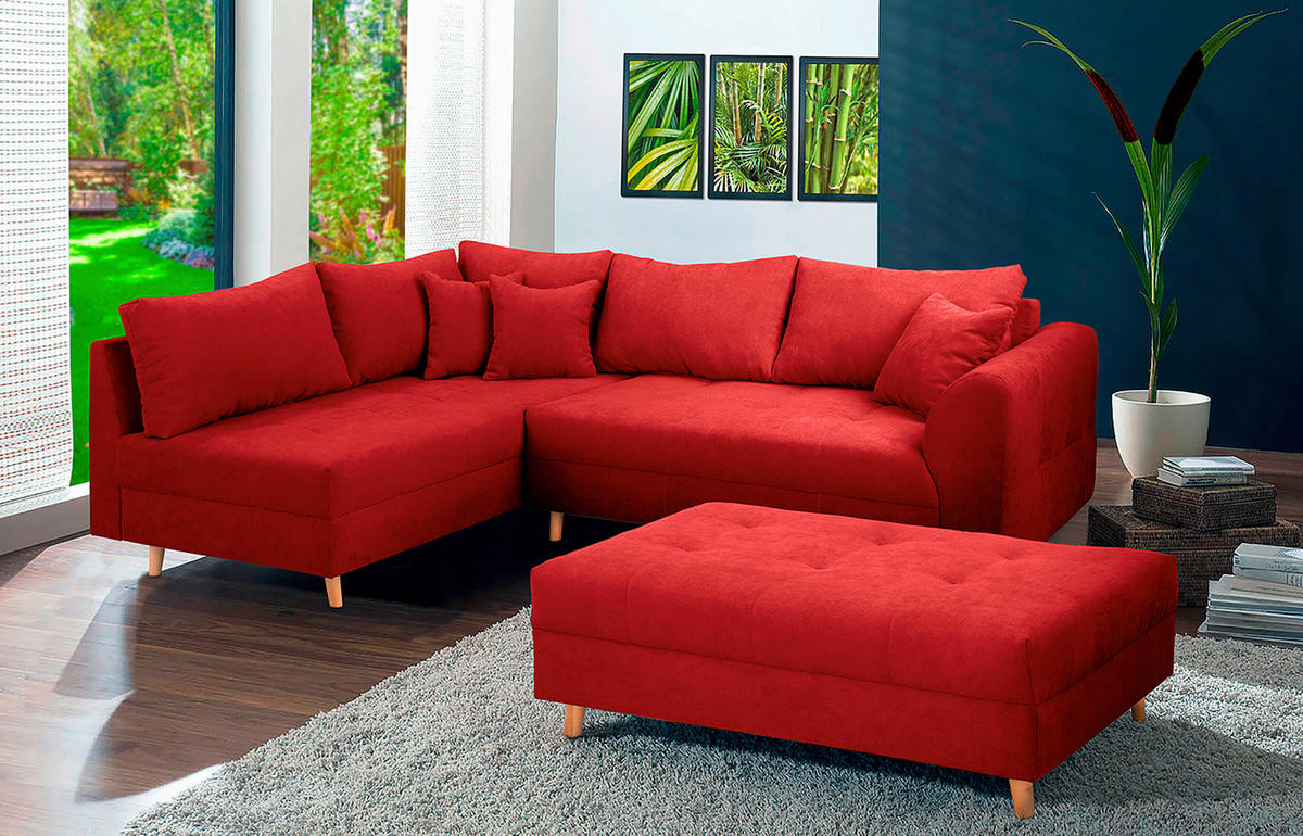 ECKSOFA inkl. Hocker Ariella Rot Mikrofaser Rückenkissen, Hocker  - Rot/Naturfarben, Design, Holz/Textil (161/231cm) - Livetastic