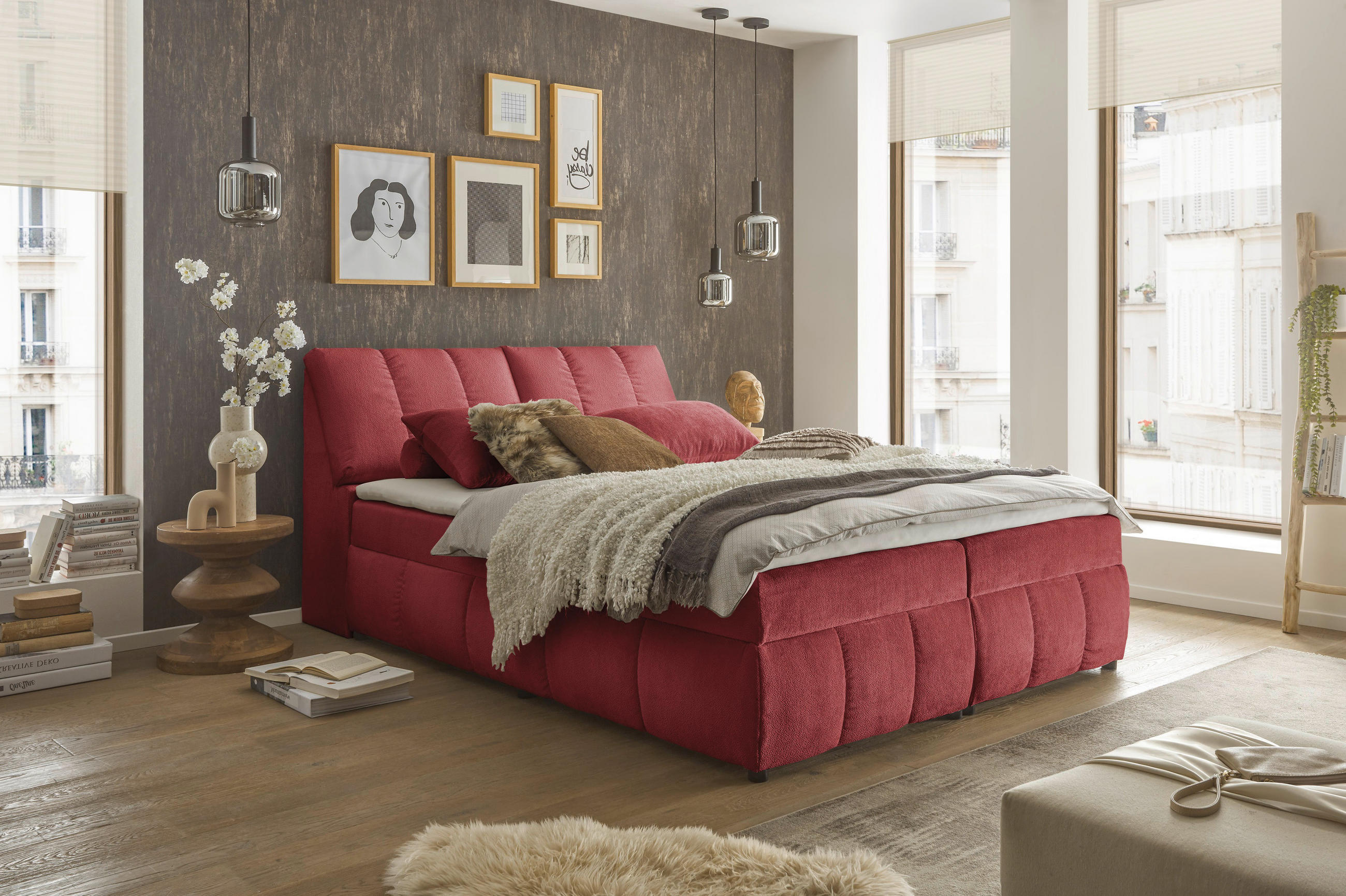 BOXBETT 180/200 cm,  in Rot, gepolstertes Kopfteil, Bettkasten, Topper,  - Rot/Schwarz, MODERN, Holzwerkstoff/Kunststoff (180/200cm) - MID.YOU