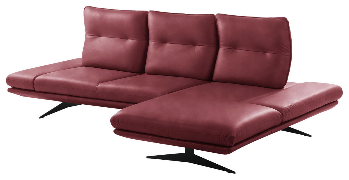 ECKSOFA Kirschrot Echtleder Armteilverstellung, Kopfteilverstellung, Sitztiefenverstellung  - Schwarz/Kirschrot, Design, Leder/Metall (291/180cm) - Celina Home