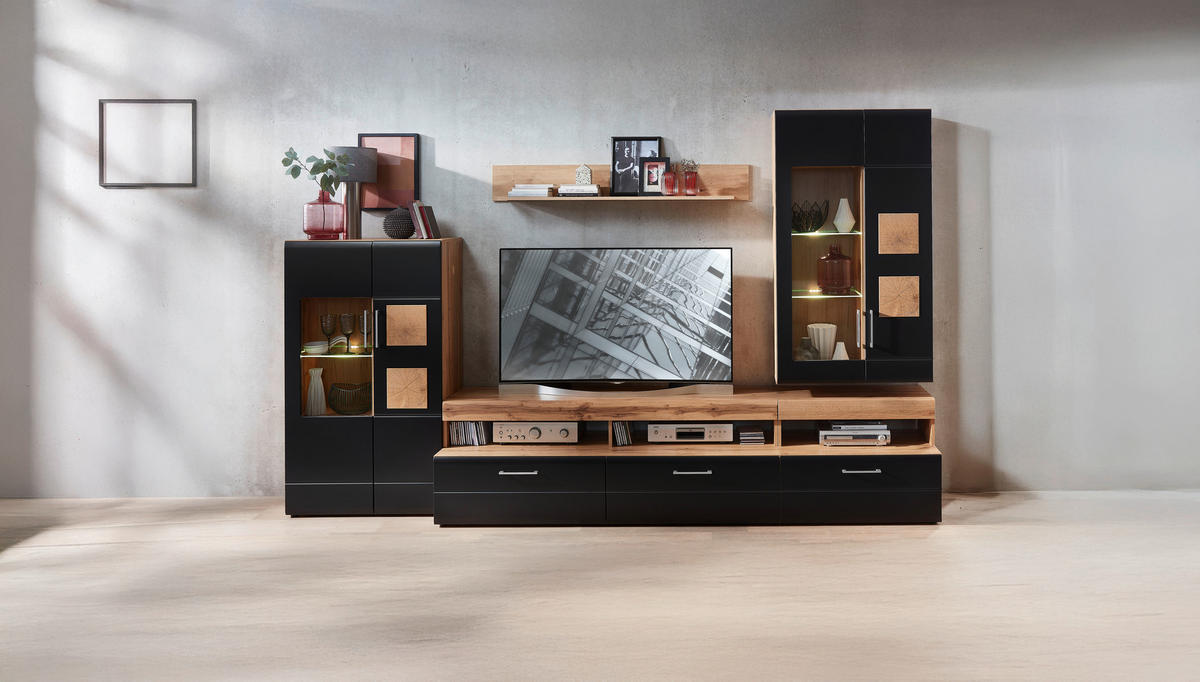 DNEVNI REGAL,  črna, barve hrasta  - barve kroma/črna, Moderno, kovina/leseni material (340/208/52cm) - Hom`in