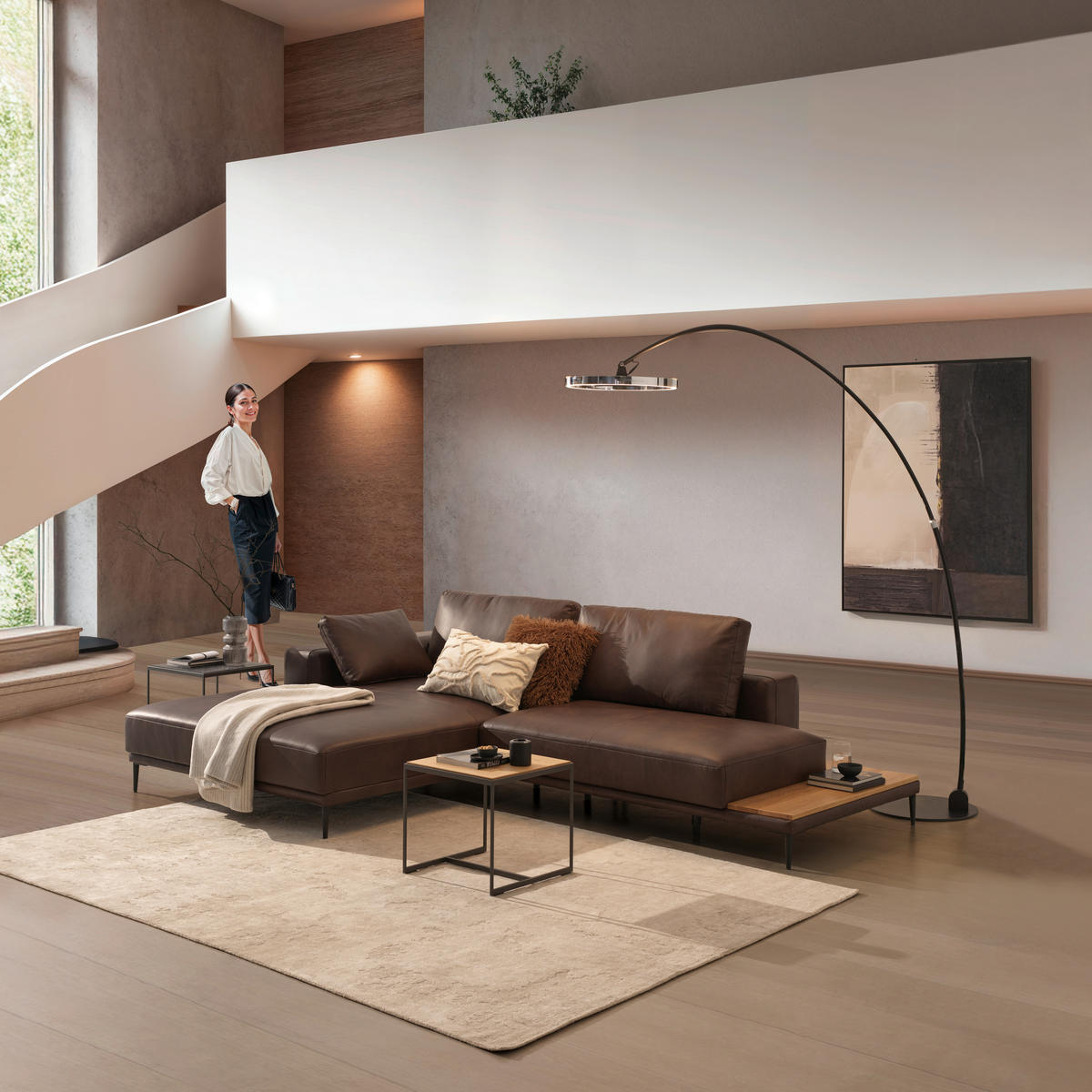 ECKSOFA in Echtleder Dunkelbraun  - Dunkelbraun/Schwarz, Design, Leder/Metall (201/304cm) - Emilio Belluti