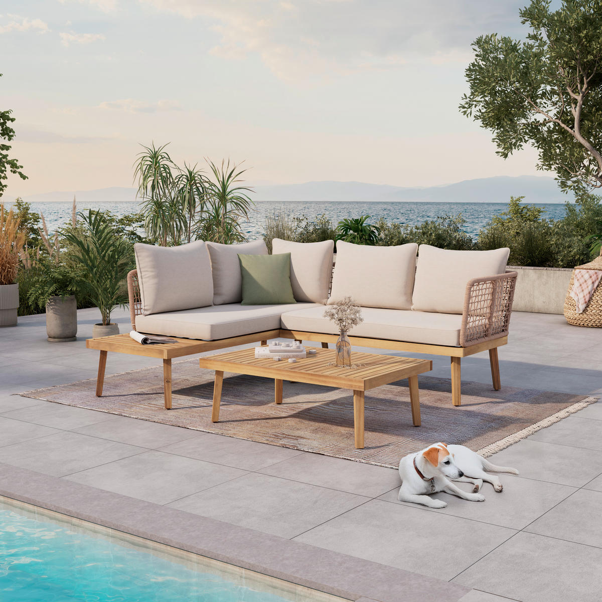 BAŠTENSKA GARNITURA 3 dela  - boja akacije/bež, Konvencionalno, drvo/metal (65/100/33cm) - Ambia Garden