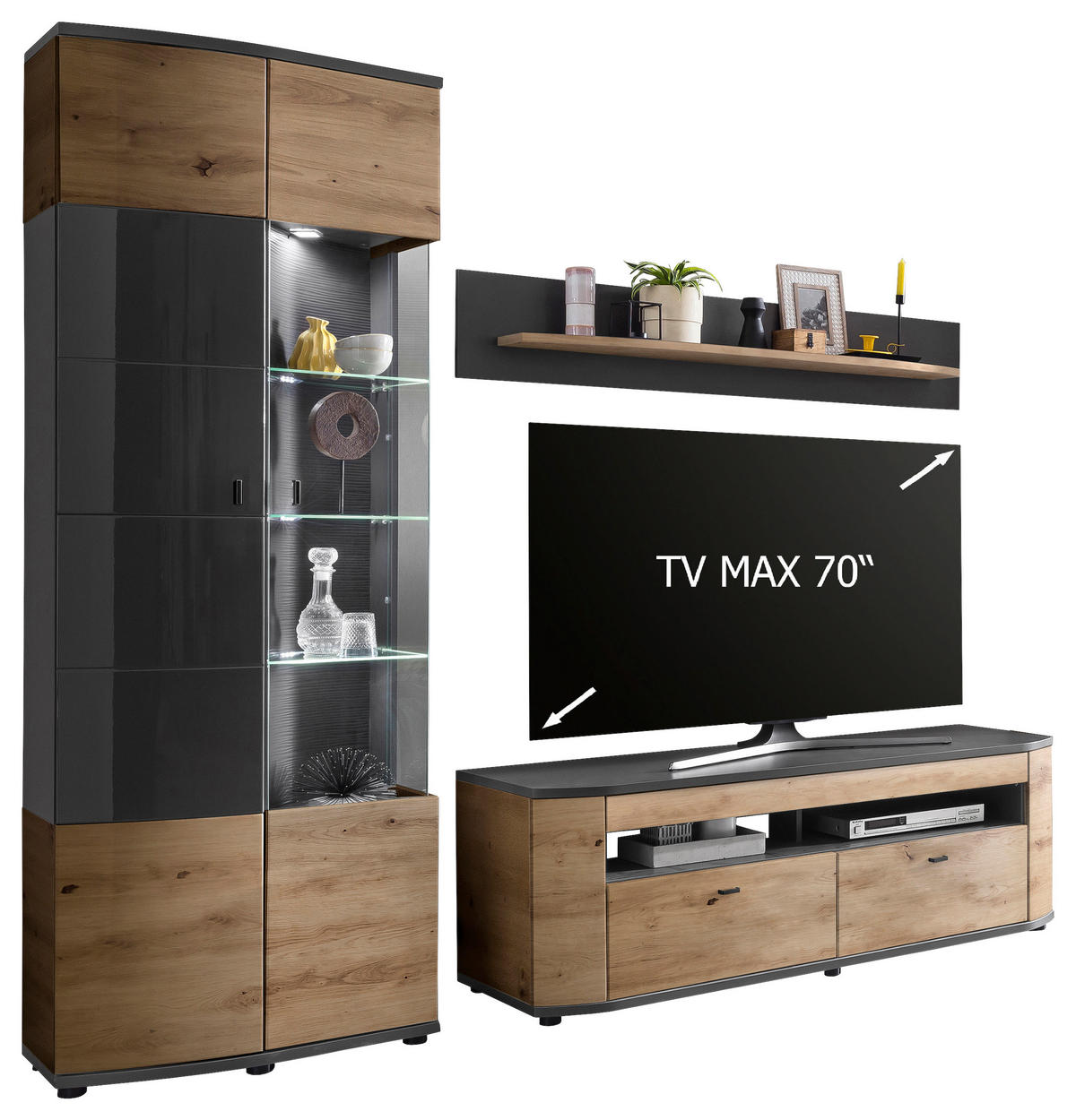 REGAL ZA DNEVNI BORAVAK smeđa, siva, hrast Artisan   - siva/hrast Artisan, Lifestyle, staklo/drvni materijal (235/200/46,4cm) - Livetastic