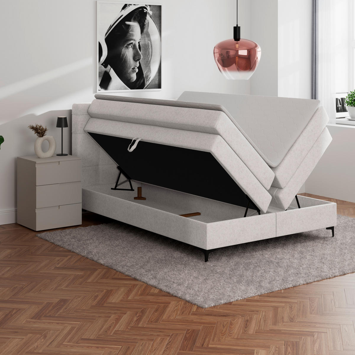 BOXSPRINGBETT 140/200 cm,  in Champagner, H3 = fest  - Champagner/Schwarz, KONVENTIONELL, Kunststoff/Textil (140/200cm)