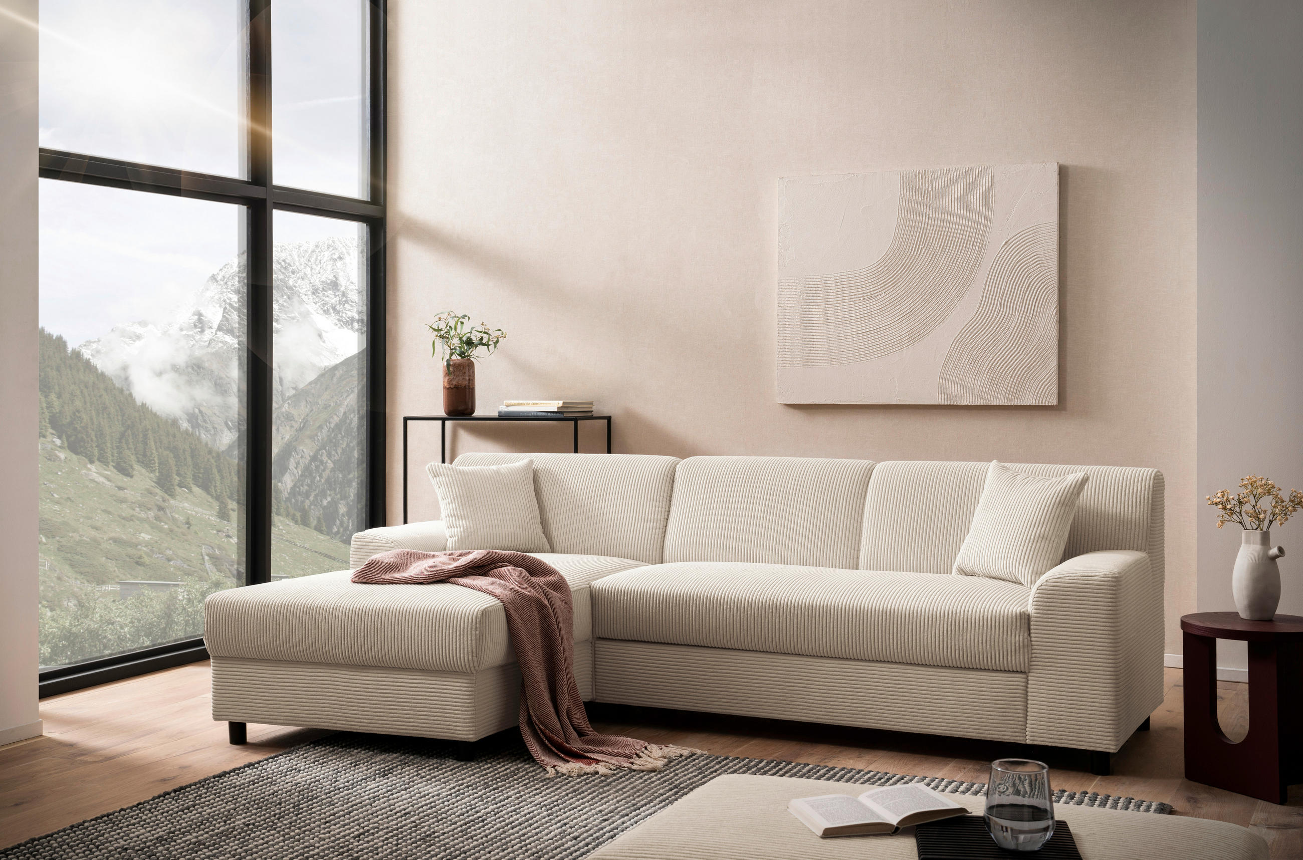 ECKSOFA CAPRI 2 Creme Cord Zierkissen, Rücken echt  - Creme/Schwarz, Basics, Kunststoff/Textil (146/241cm) - MID.YOU