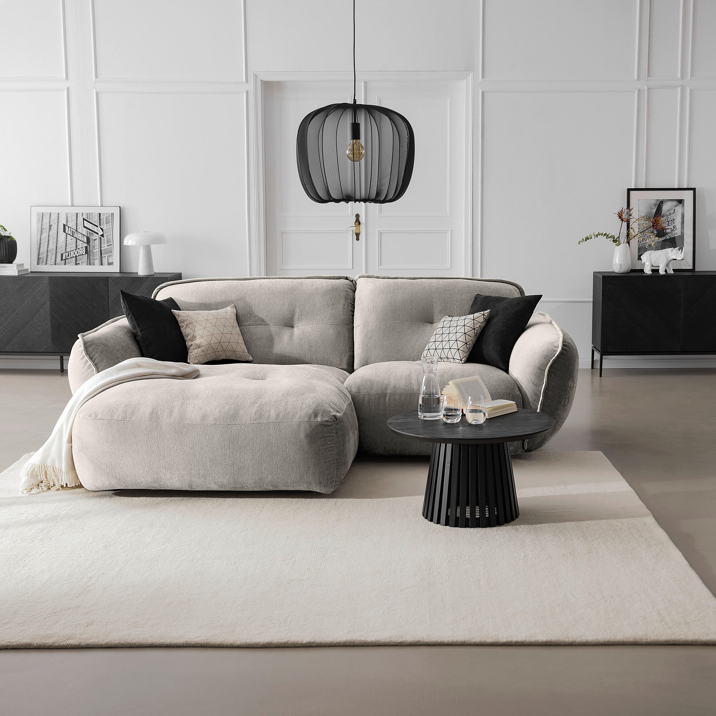 ECKSOFA in Chenille Silberfarben - Silberfarben/Schwarz, Modern, Kunststoff/Textil (184/269cm) - Trendmanufaktur
