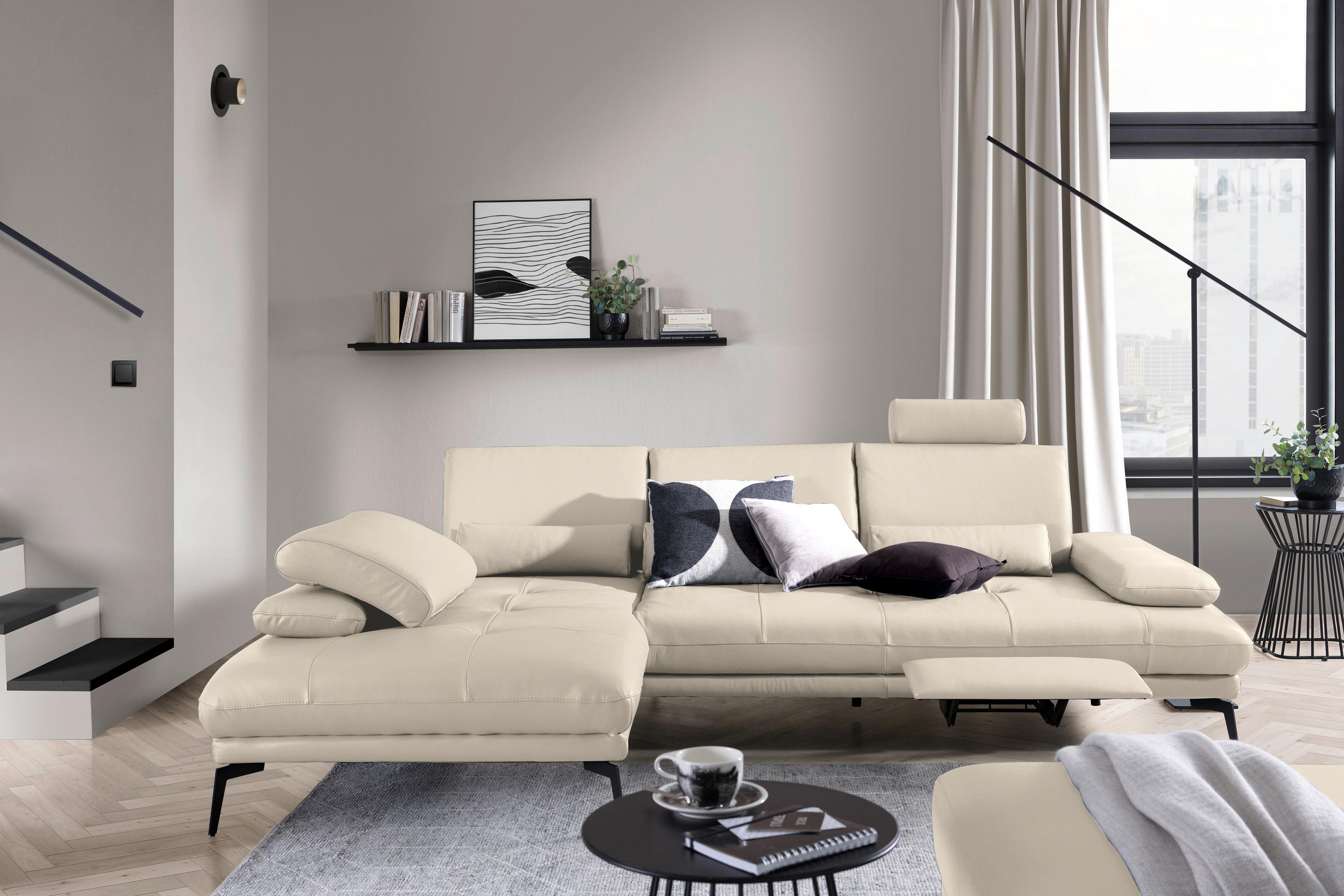 ECKSOFA in Echtleder Beige  - Beige/Schwarz, Design, Leder/Metall (187/273cm) - Celina Home