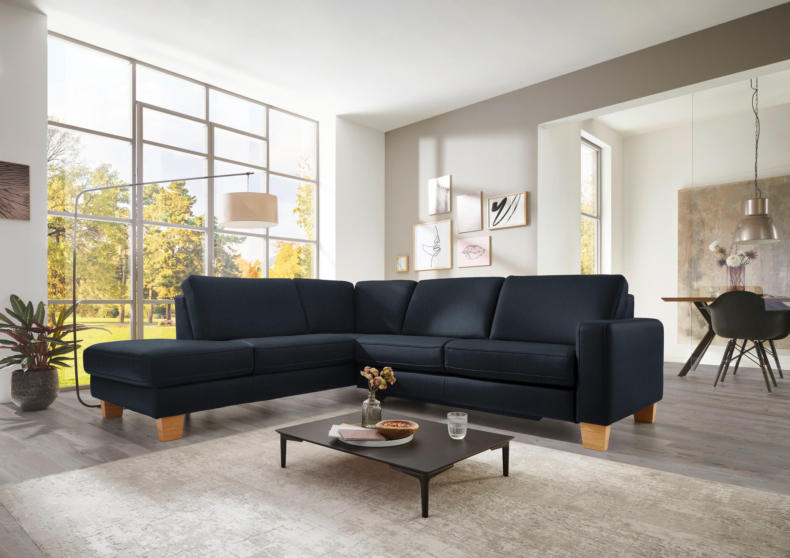 ECKSOFA in Echtleder Dunkelblau  - Eiche Bianco/Dunkelblau, Konventionell, Leder/Holz (235/257cm) - Valdera
