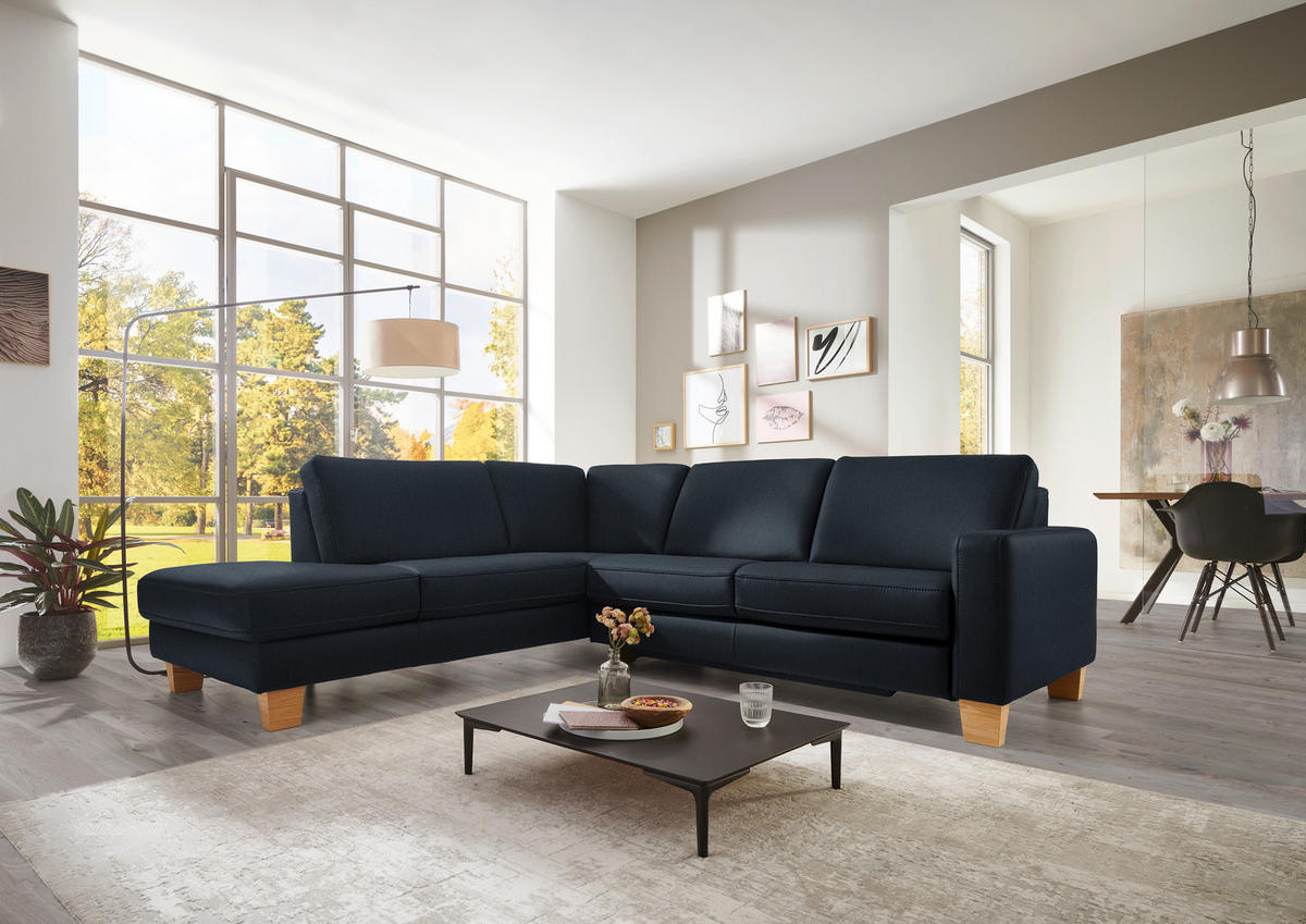 ECKSOFA in Echtleder Dunkelblau  - Eiche Bianco/Dunkelblau, Konventionell, Leder/Holz (235/257cm) - Valdera