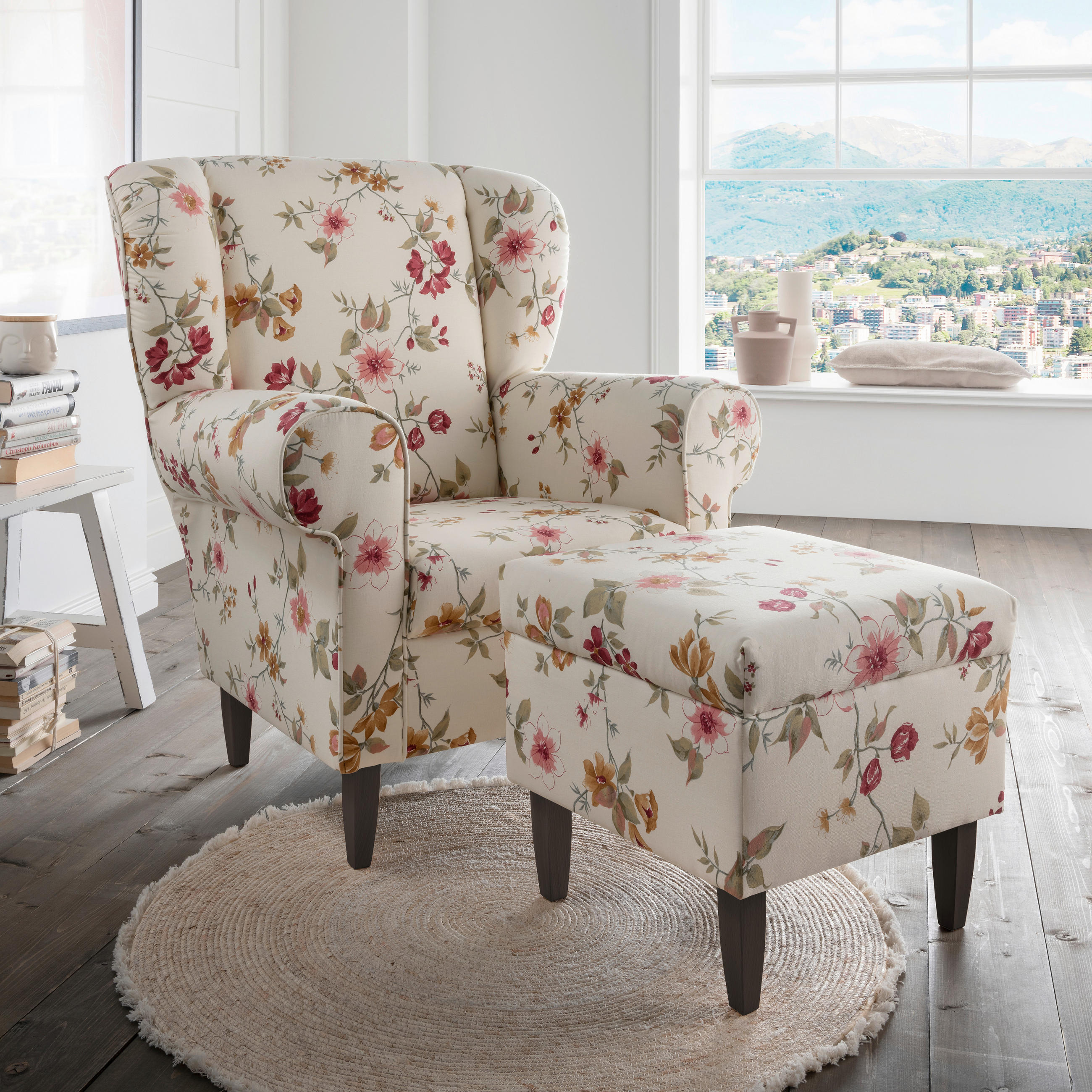SESSELSET in Webstoff Rot, Wengefarben, Beige  - Wengefarben/Beige, Romantik / Landhaus, Holz/Textil (80/102/86cm) - Livetastic