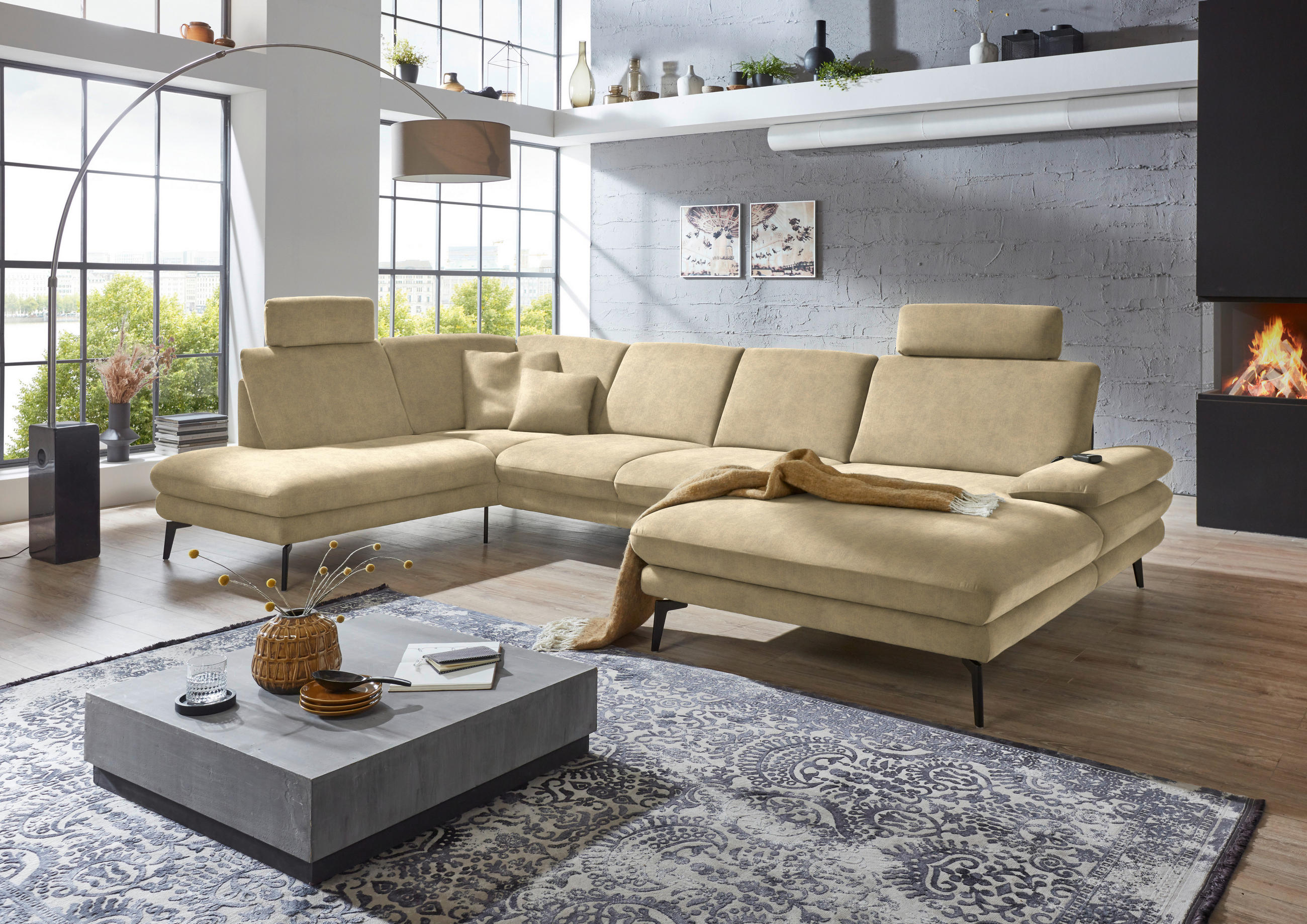 WOHNLANDSCHAFT in Velours Cappuccino  - Schwarz/Cappuccino, Design, Textil/Metall (208/344/180cm) - Dieter Knoll