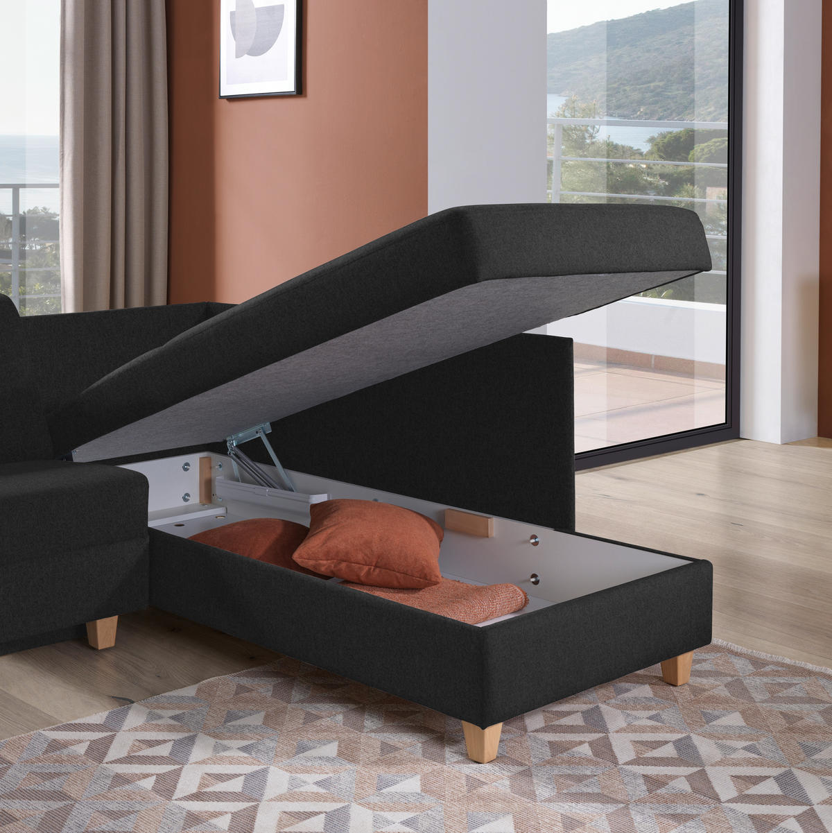 ECKSOFA in Flachgewebe Anthrazit  261/203 cm  - Eichefarben/Anthrazit, KONVENTIONELL, Holz/Textil (261/203cm) - Sedda