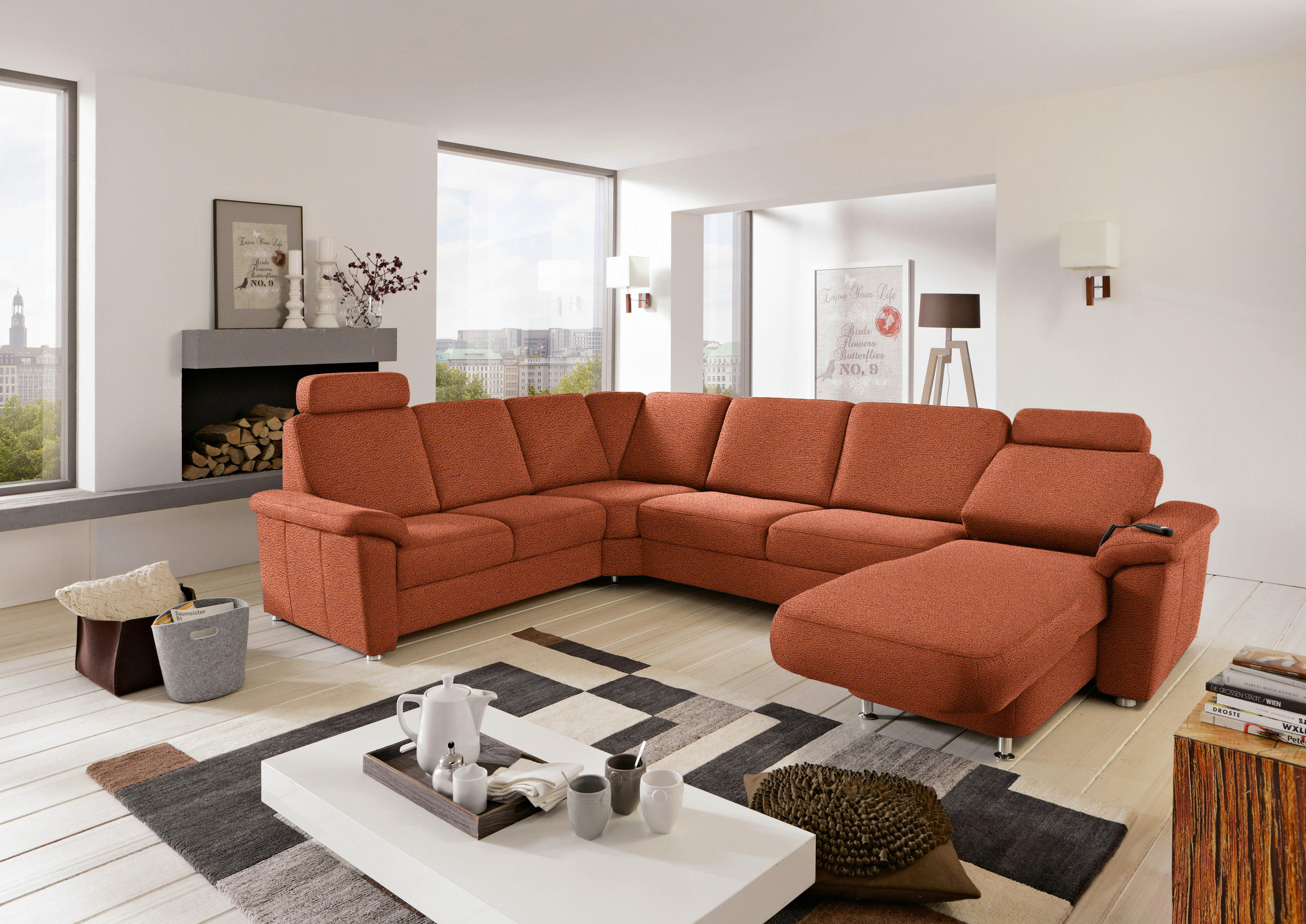 WOHNLANDSCHAFT in Flachgewebe Terracotta  - Chromfarben/Terracotta, KONVENTIONELL, Textil/Metall (240/330/163cm) - Beldomo System