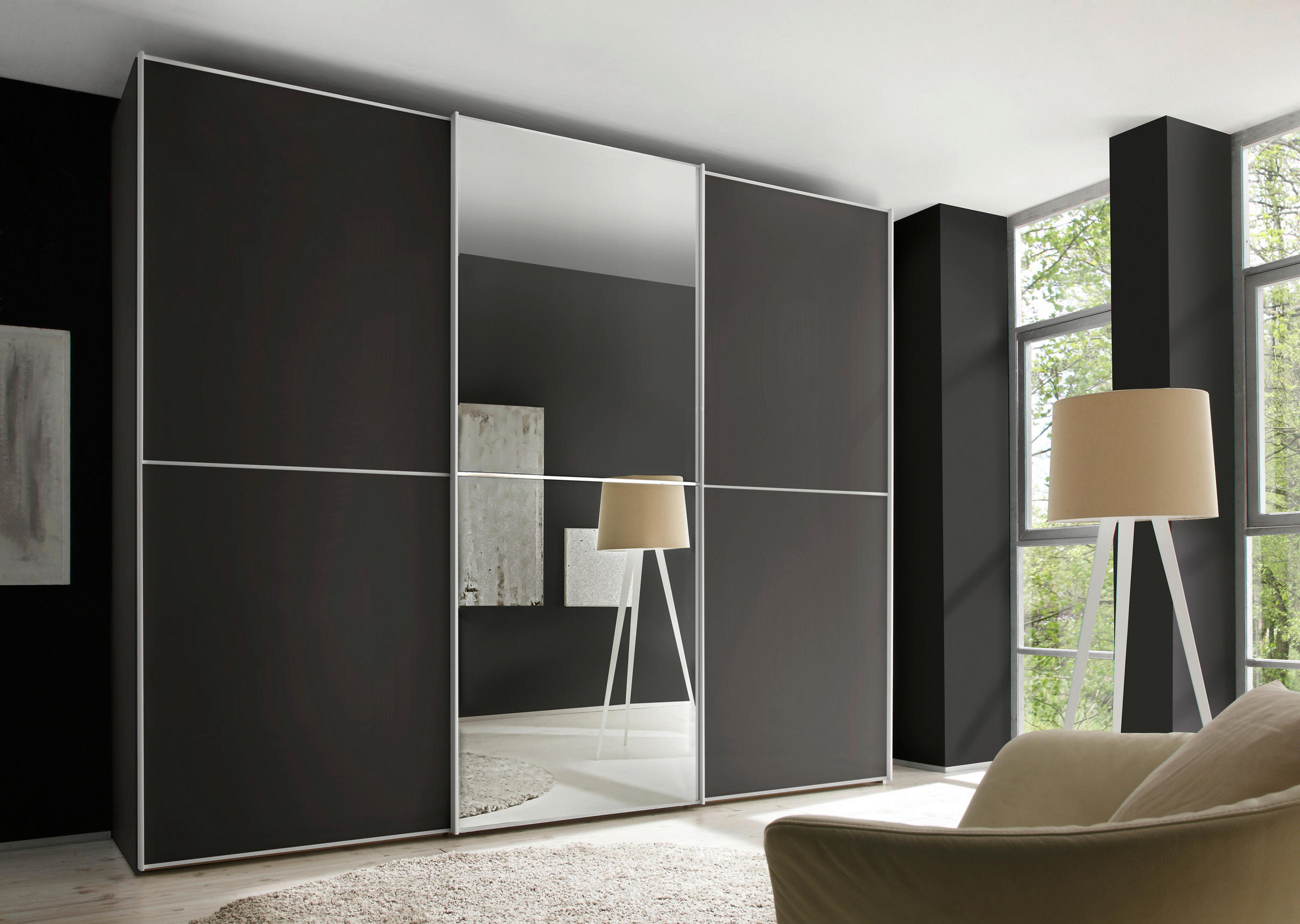 SCHWEBETÜRENSCHRANK  in Anthrazit, Schwarz, Eichefarben  - Eichefarben/Anthrazit, Design, Glas/Holz (200/240/68cm) - Dieter Knoll
