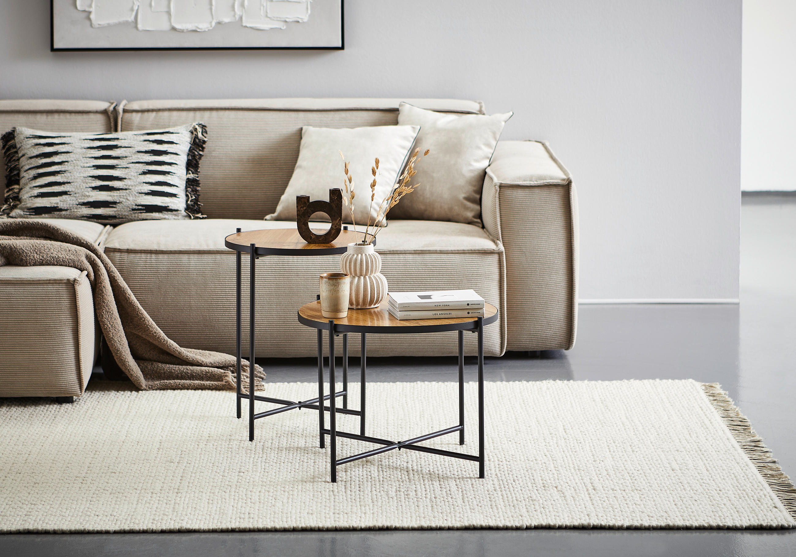 Thumbnail - Boxxx Satztisch, Schwarz, Eiche, Metall, Holzwerkstoff, 2-teilig, rund, Rundrohr, 43x52x42 cm, Bsci, Wohnzimmer, Wohnzim...