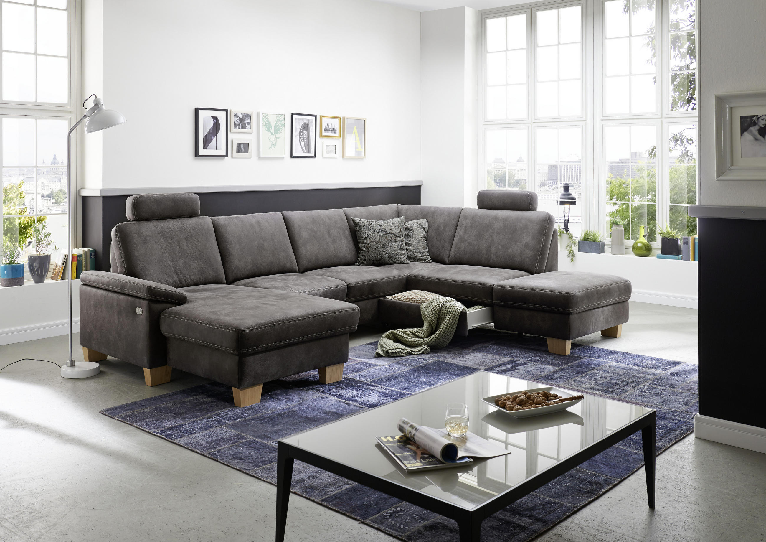WOHNLANDSCHAFT Grau Mikrofaser  - Eichefarben/Beige, KONVENTIONELL, Holz/Textil (235/167cm) - Beldomo System