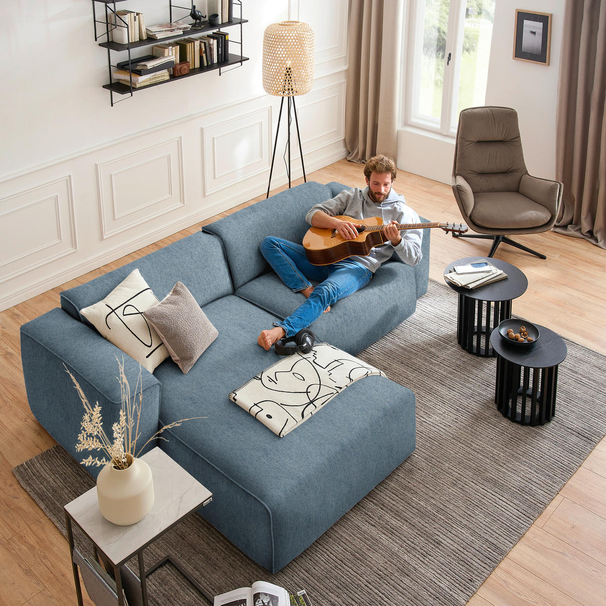 ECKSOFA in Webstoff Blau  171/265 cm  - Blau/Schwarz, Design, Kunststoff/Textil (171/265cm) - home24