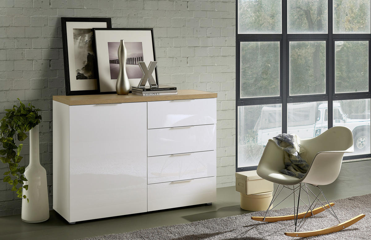 KOMODA   120/89/43 cm   bijela, boje hrasta  - bijela/boje hrasta, Design, drvni materijal/metal (120/89/43cm) - Voleo