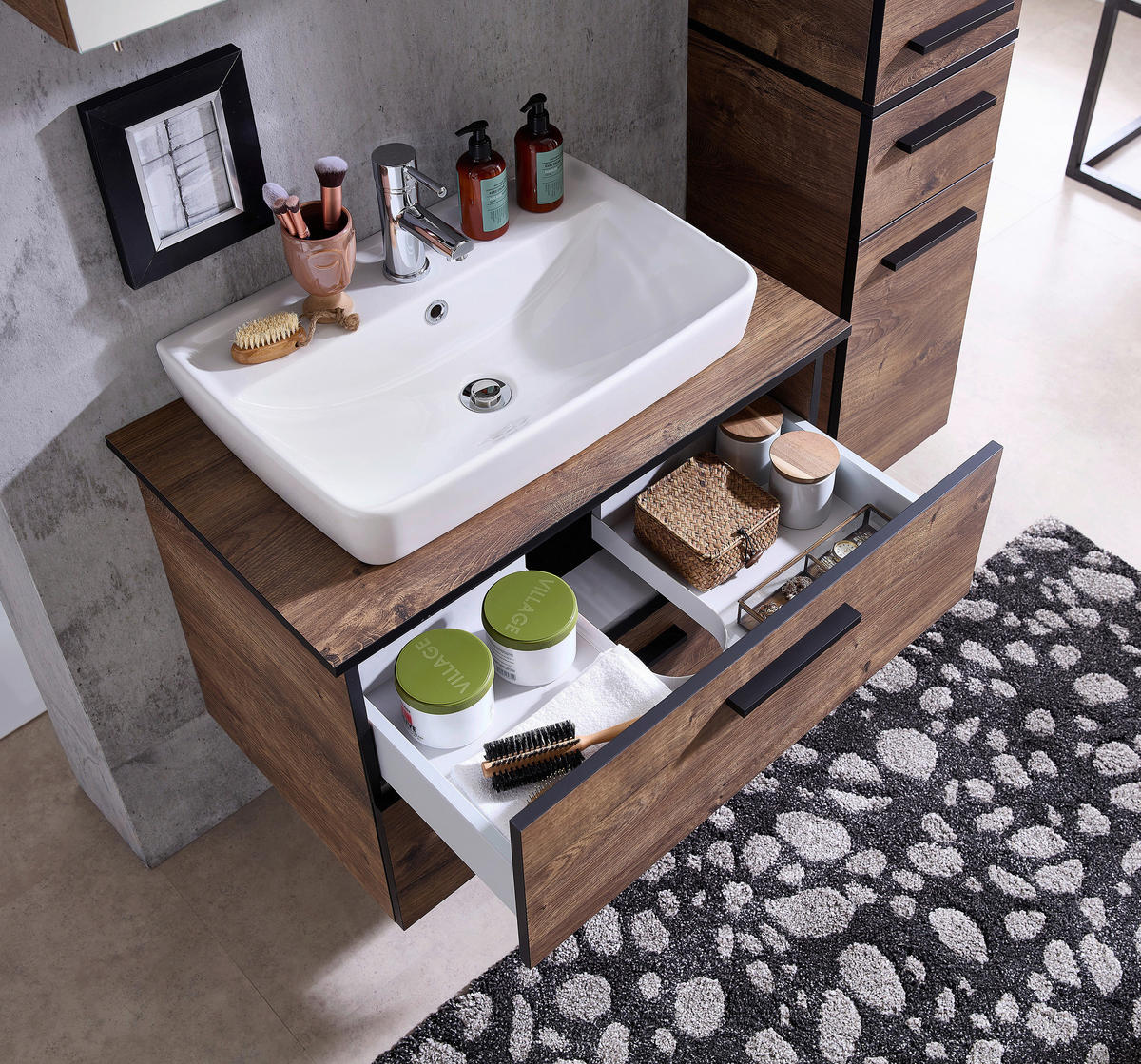 WASCHTISCHKOMBI 73 cm  - Eichefarben/Schwarz, Design, Keramik/Holzwerkstoff (73cm) - Xora