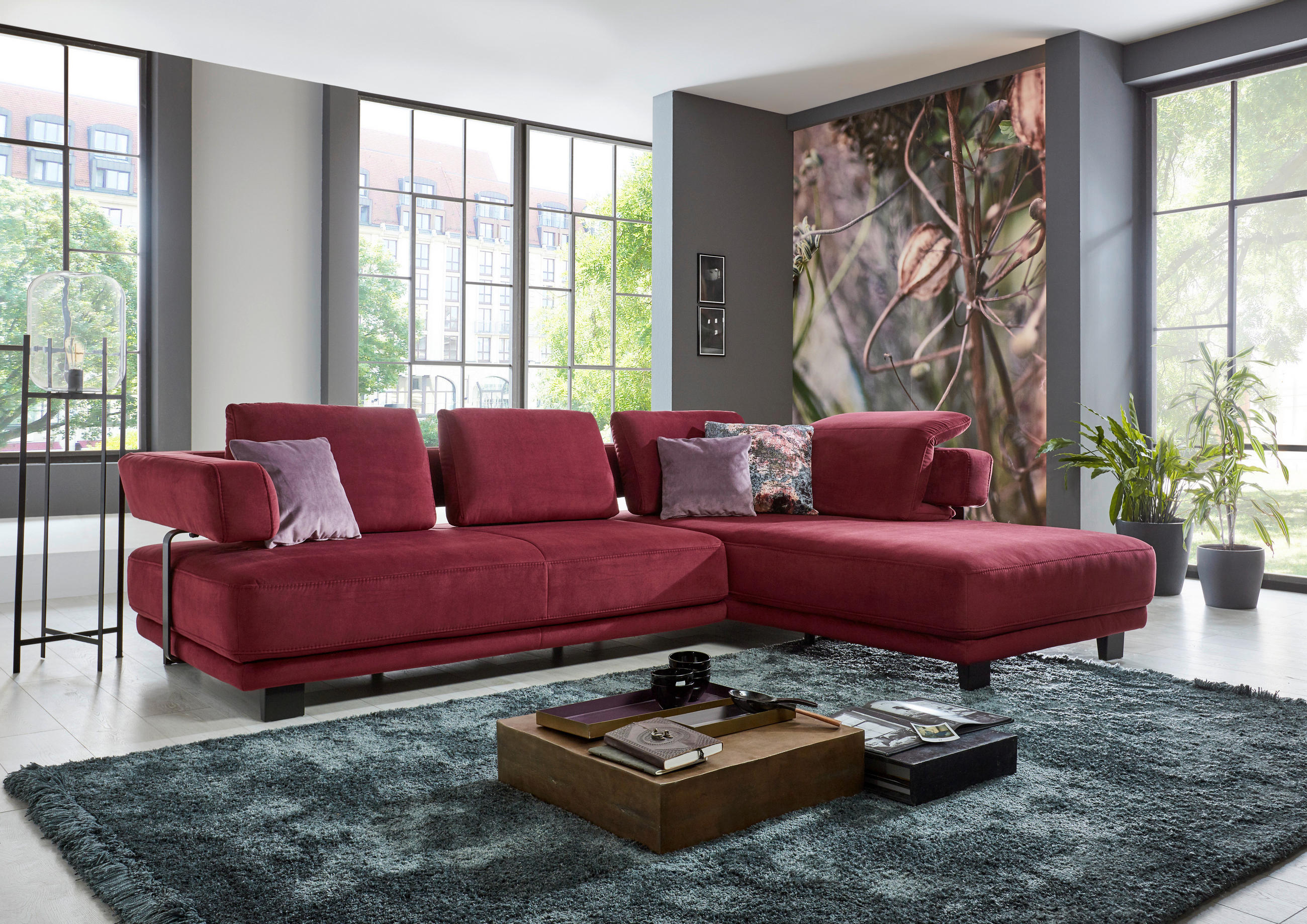 ECKSOFA Beere Chenille  - Beere/Schwarz, Natur, Textil/Metall (297/214cm) - Valdera