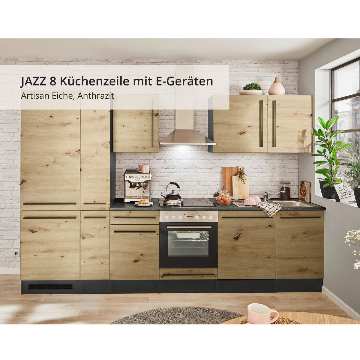 KÜCHENBLOCK 310 cm   in Anthrazit, Eiche Artisan  - Anthrazit/Schwarz, LIFESTYLE, Holzwerkstoff/Kunststoff (310cm) - MID.YOU