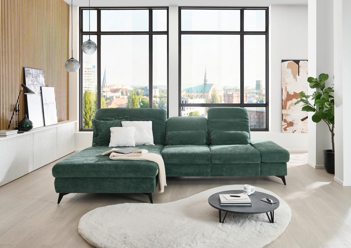 ECKSOFA Dunkelgrün Chenille  - Dunkelgrün/Schwarz, Design, Textil/Metall (198/288cm) - Beldomo Style