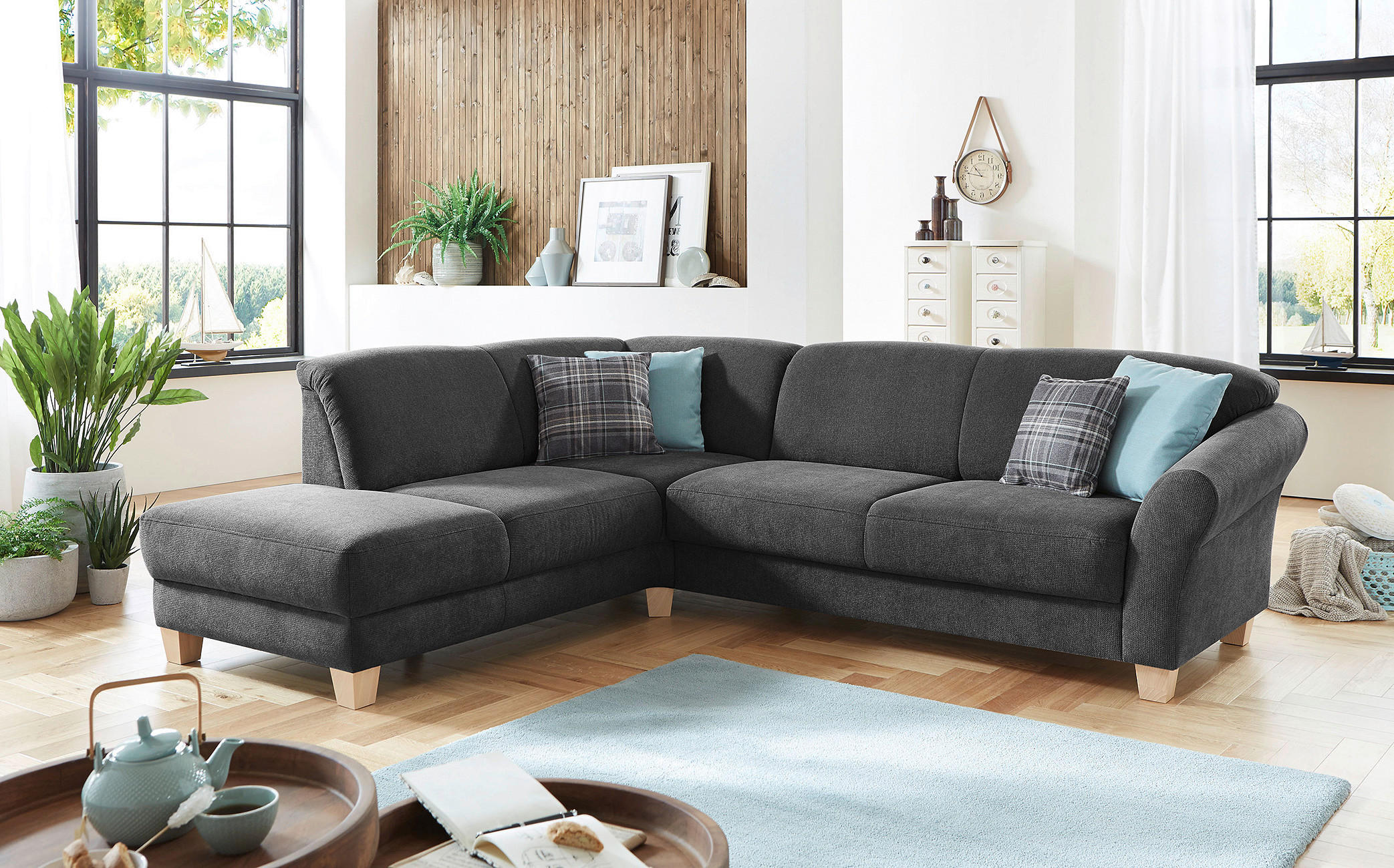 ECKSOFA Schwarz Flachgewebe  - Schwarz/Naturfarben, KONVENTIONELL, Holz/Textil (212/257cm) - Sit & More
