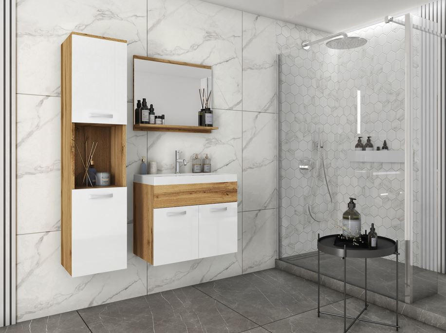 BADEZIMMER 4-teilig  in 90 cm  - Weiß Hochglanz/Eiche Wotan, LIFESTYLE, Holzwerkstoff/Metall (90cm) - P & B