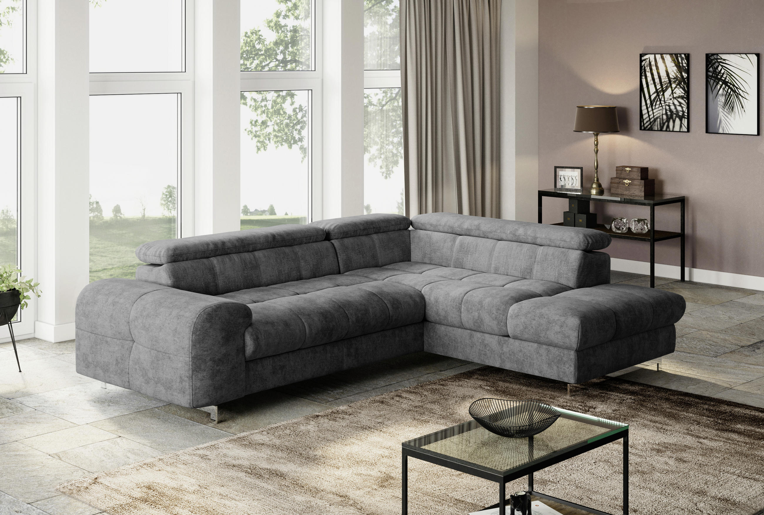 ECKSOFA Dunkelgrau Mikrofaser  - Chromfarben/Dunkelgrau, KONVENTIONELL, Textil/Metall (257/206cm) - Livetastic