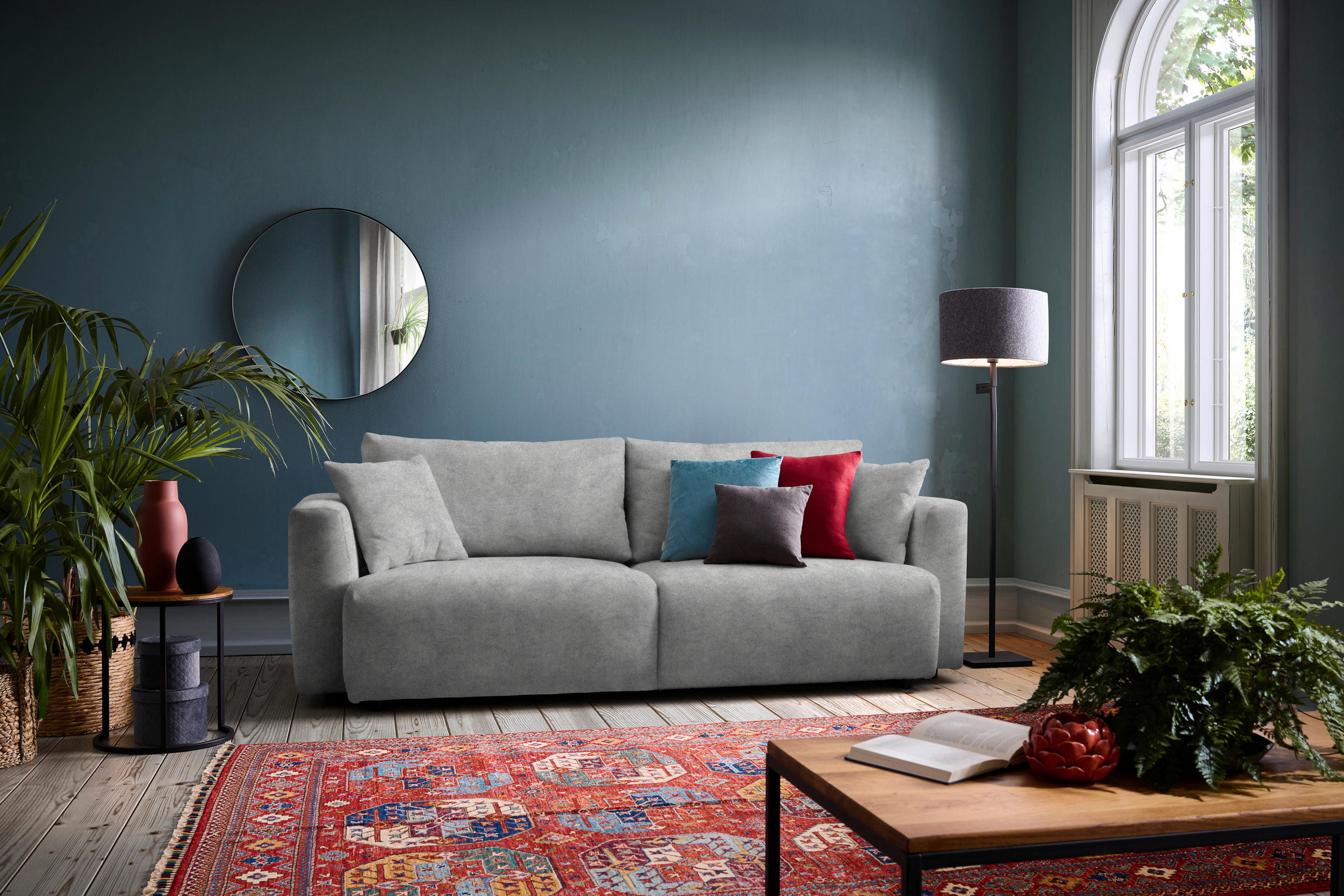 SCHLAFSOFA Velours Hellgrau  - Hellgrau/Schwarz, Design, Kunststoff/Textil (250/92/105cm) - Carryhome