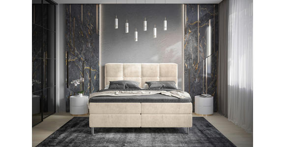 BOXBETT 140/200 cm,  in Beige, gepolstertes Kopfteil, Bettkasten, Topper, H3 = fest  - Chromfarben/Beige, Design, Holz/Holzwerkstoff (140/200cm) - Esposa