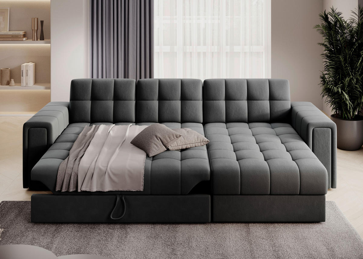 ECKSOFA Plüsch Dunkelgrau  - Dunkelgrau, Design, Kunststoff/Textil (260/150cm) - MID.YOU