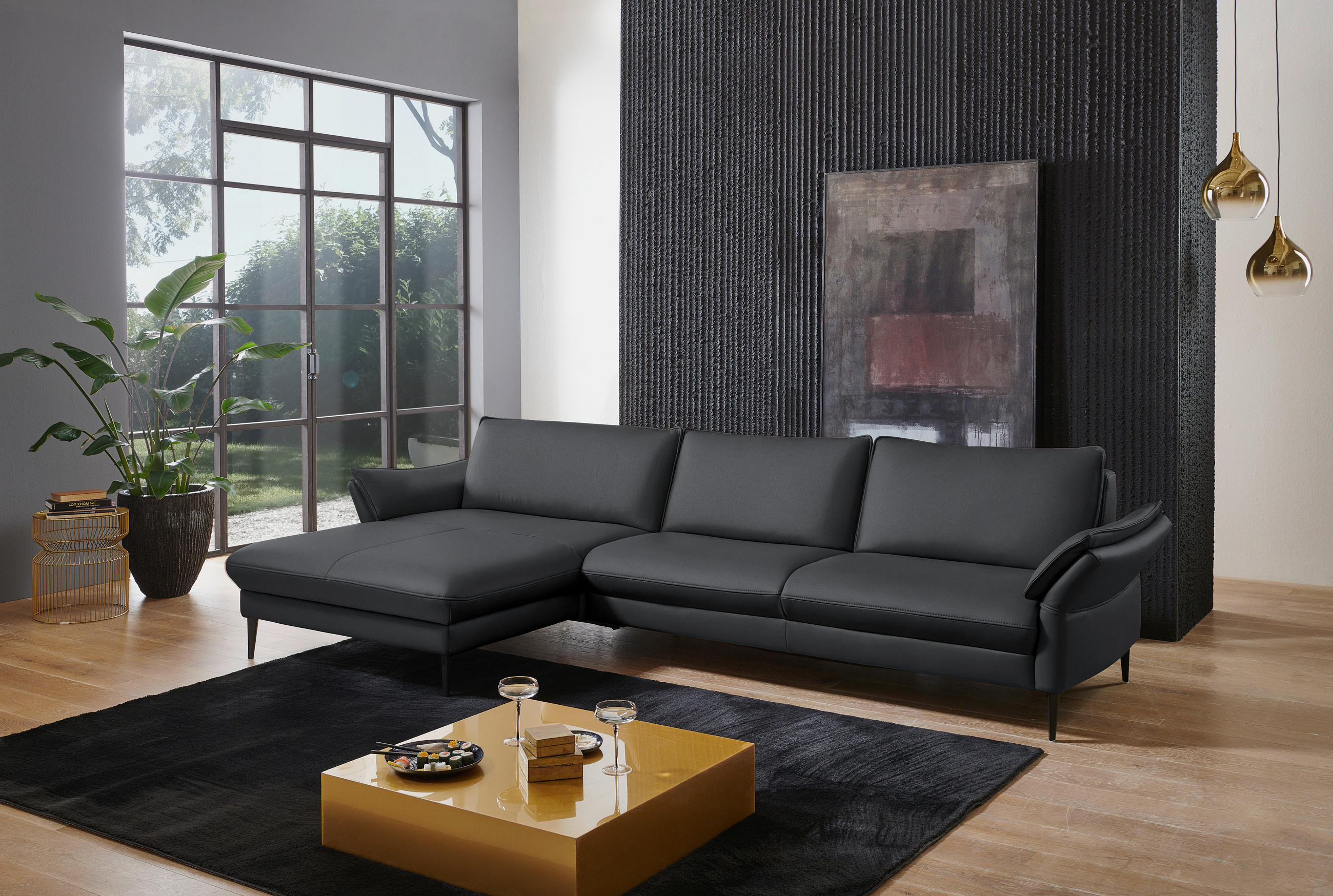 ECKSOFA in Echtleder Schieferfarben  - Schieferfarben/Schwarz, Design, Leder/Metall (172/334cm) - Valdera