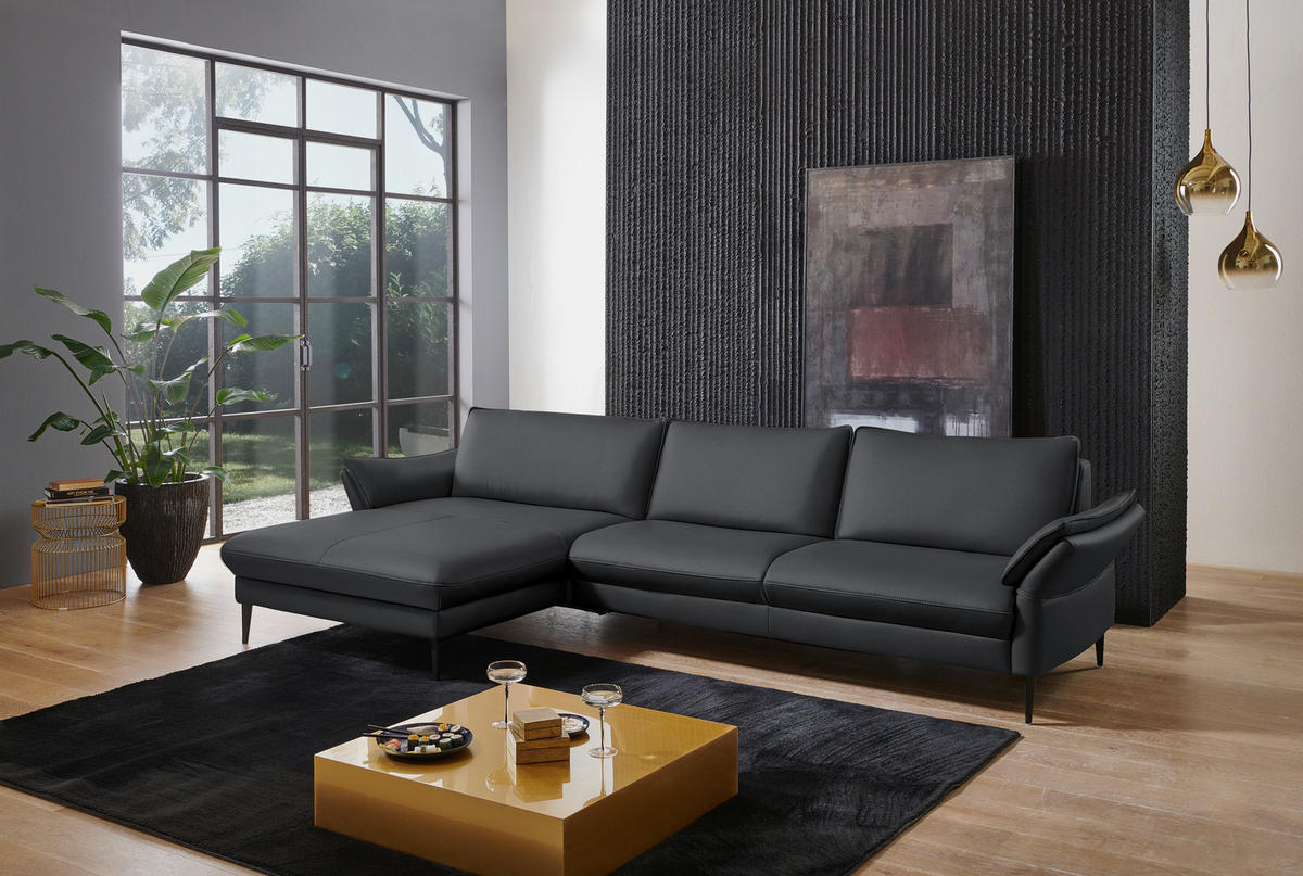 ECKSOFA in Echtleder Schieferfarben  - Schieferfarben/Schwarz, Design, Leder/Metall (172/334cm) - Valdera