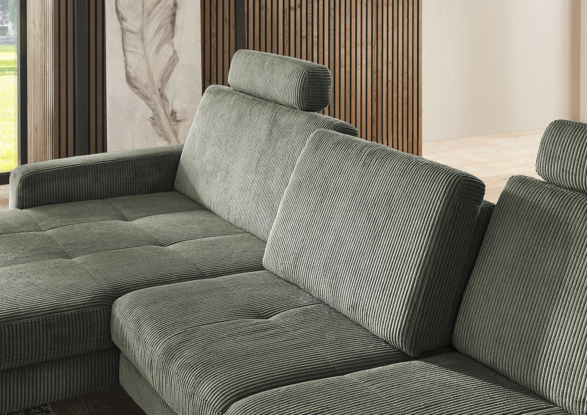 ECKSOFA in Cord Olivgrün  - Schwarz/Olivgrün, Modern, Textil/Metall (177/302cm) - Beldomo Style