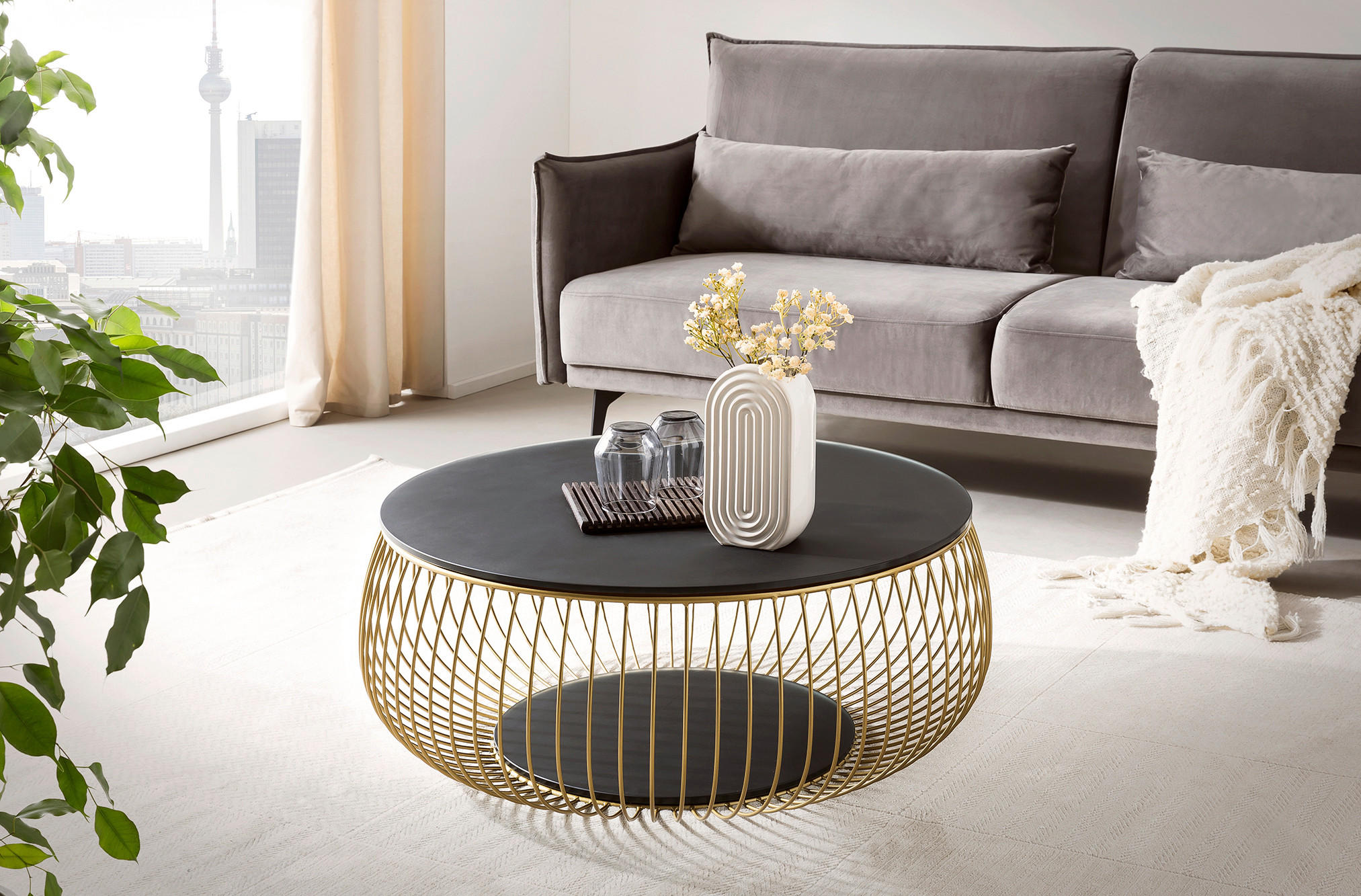 COUCHTISCH Klarglas 86/86/35 cm rund Schwarz, Goldfarben  - Goldfarben/Schwarz, Design, Glas/Metall (86/86/35cm) - Livetastic