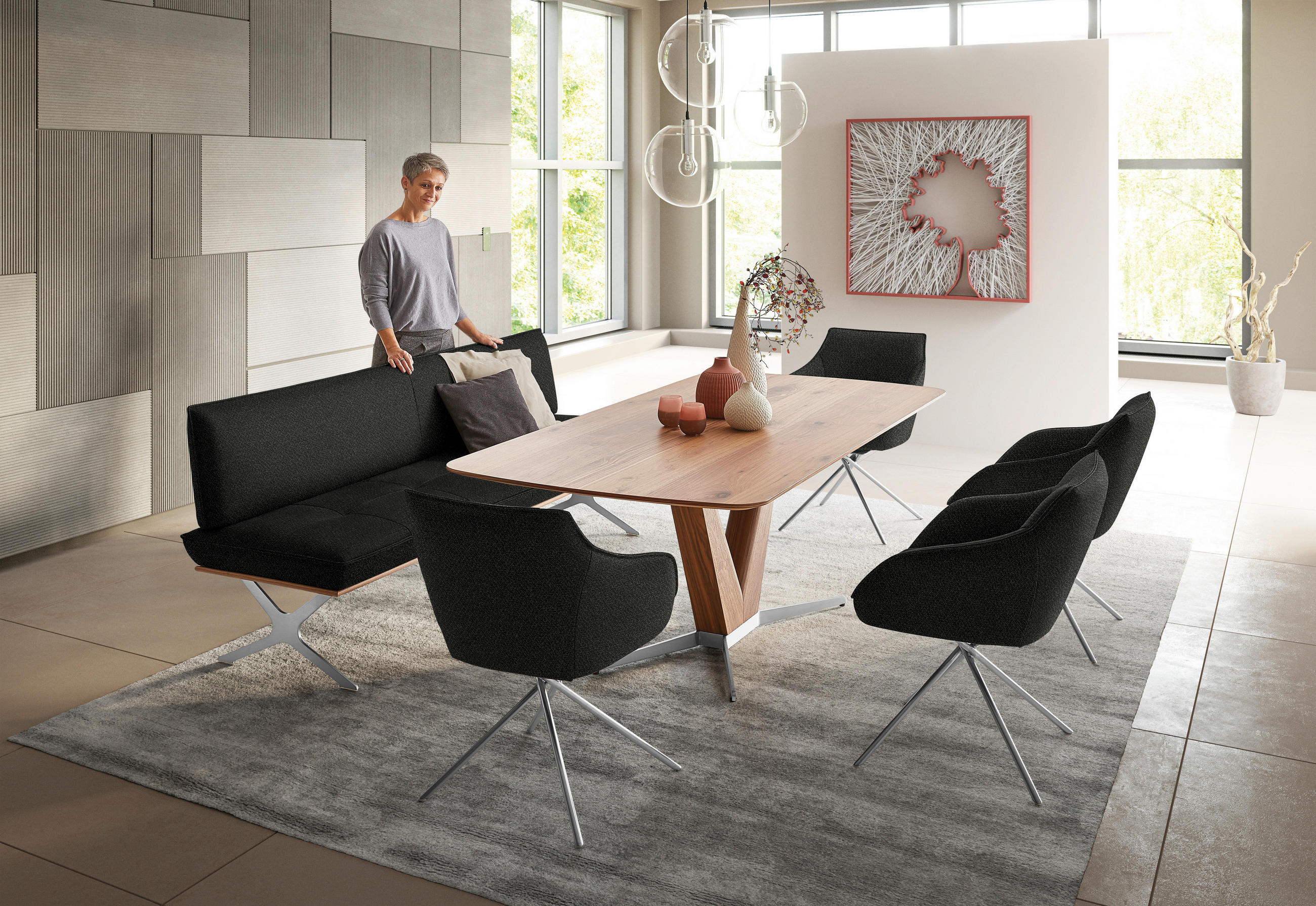 SITZBANK in Holz, Textil Anthrazit, Nussbaumfarben, Nickelfarben  - Edelstahlfarben/Anthrazit, Design, Holz/Textil (214/88/66cm) - Koinor