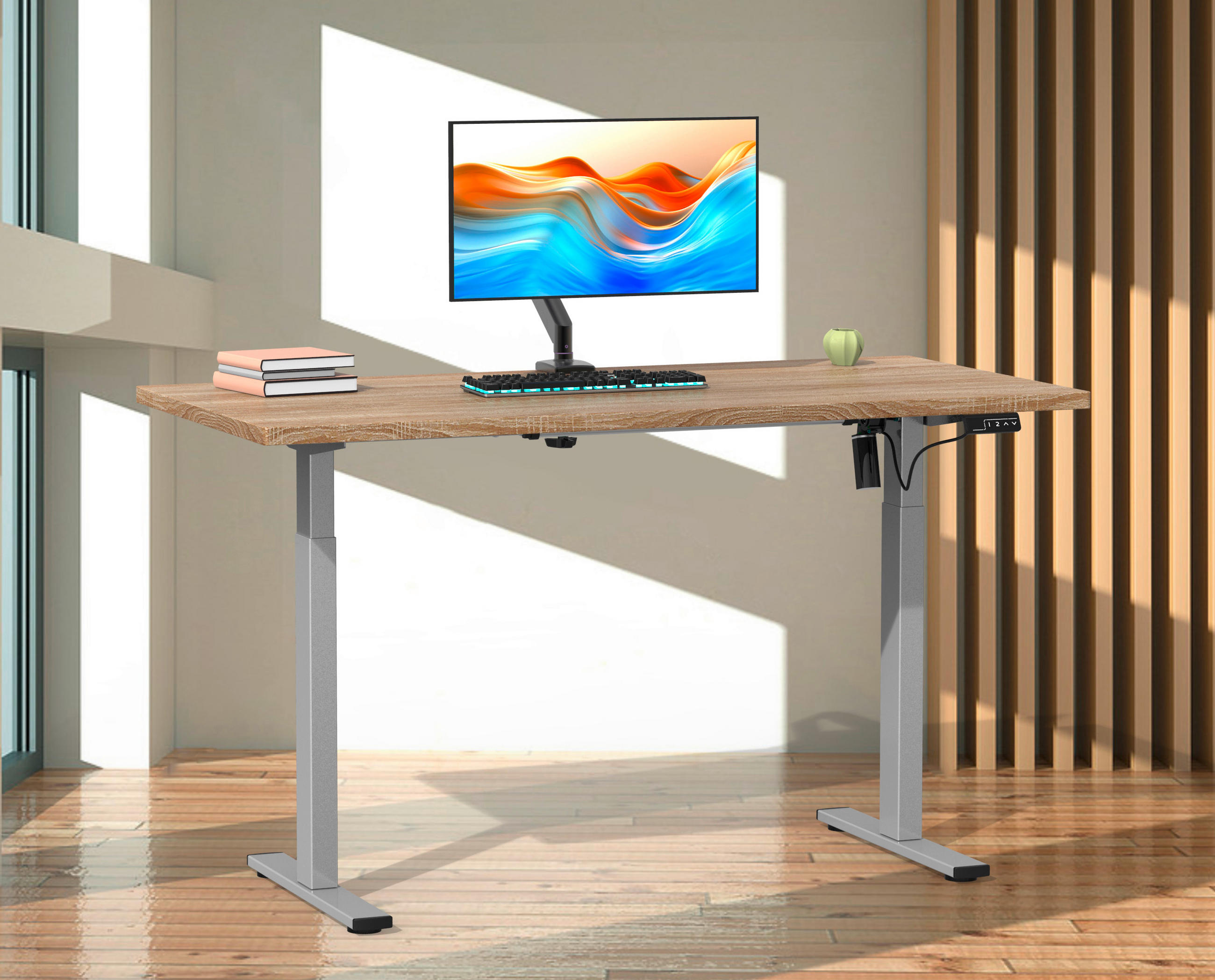SCHREIBTISCH höhenverstellbar  - Silberfarben/Sonoma Eiche, Design, Holzwerkstoff/Metall (140/50/71cm) - MID.YOU