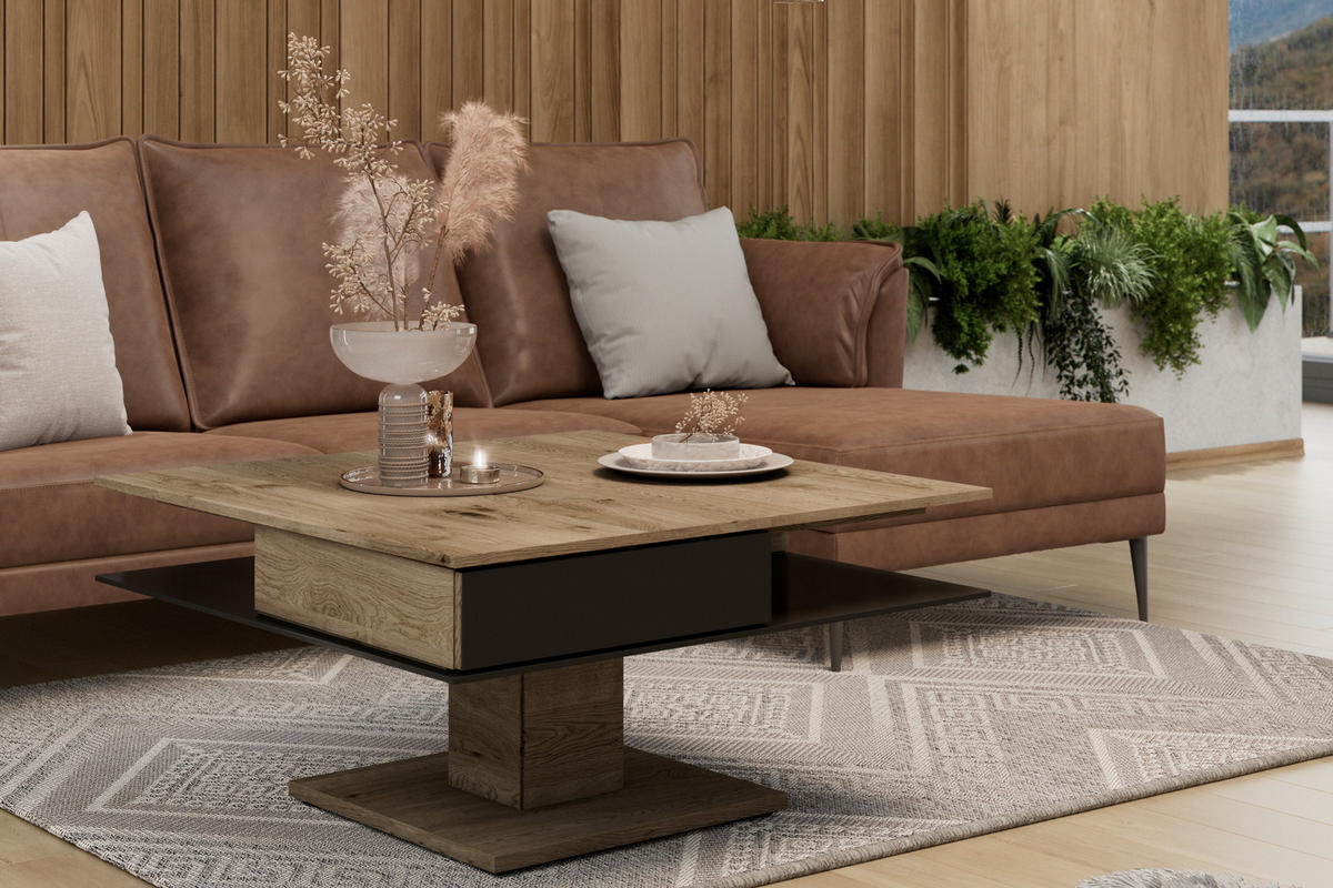 COUCHTISCH Altholz, Eiche mehrschichtige Massivholzplatte (Tischlerplatte) Farbglas 90/90/46 cm quadratisch Anthrazit, Eichefarben  - Eichefarben/Anthrazit, Design, Glas/Holz (90/90/46cm) - Voglauer