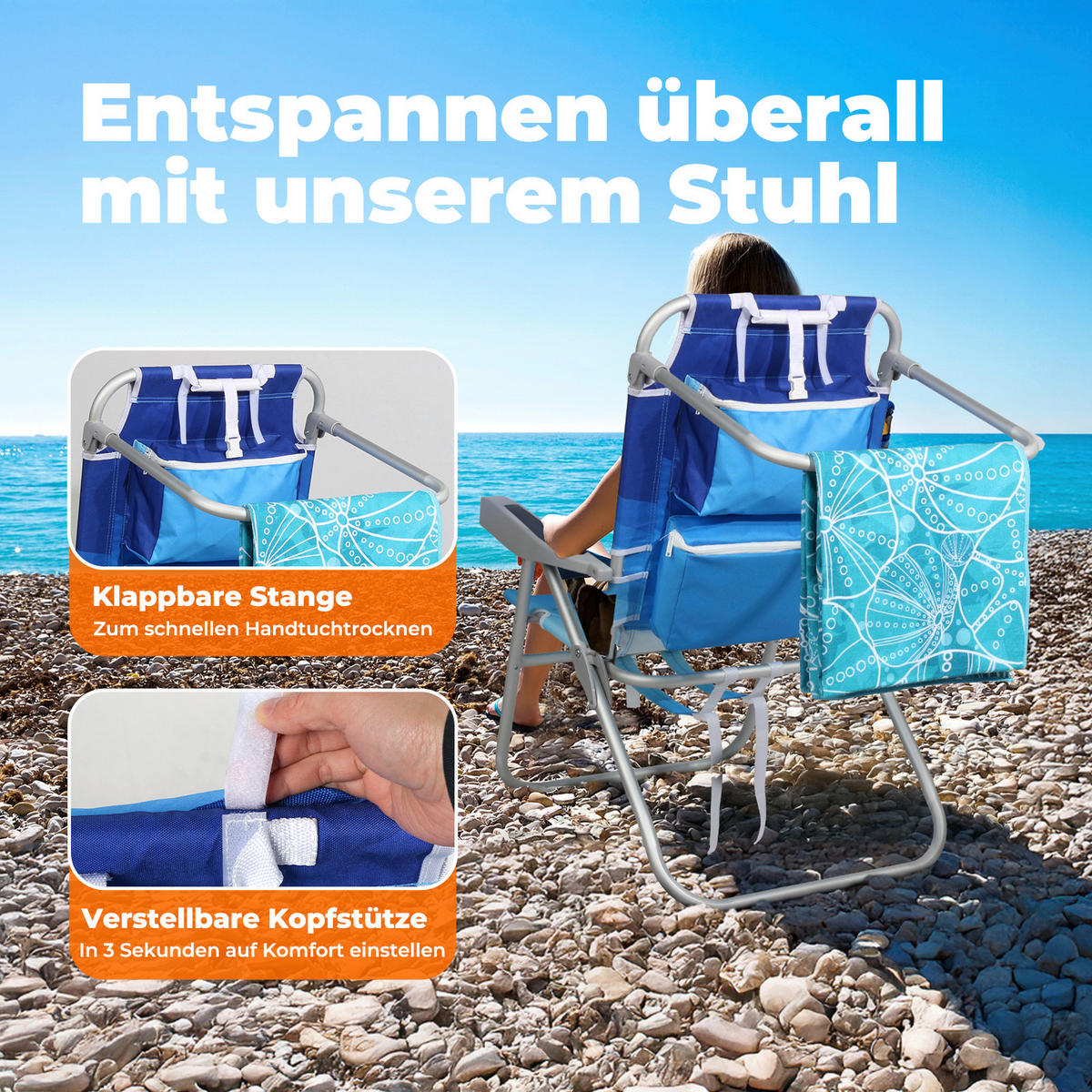 STRANDSTUHL Aluminium Blau, Hellblau  - Blau/Hellblau, Basics, Textil/Metall (57/90/76cm) - Modante