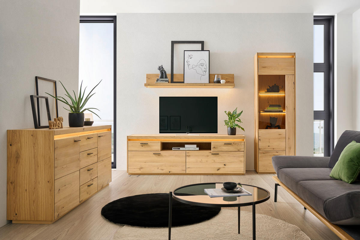 WOHNWAND  in Eichefarben  267/201,9/49,8 cm  - Eichefarben/Schwarz, Natur, Glas/Holz (267/201,9/49,8cm) - Linea Natura