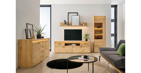 WOHNWAND  in Eichefarben  267/201,9/49,8 cm  - Eichefarben/Schwarz, Natur, Glas/Holz (267/201,9/49,8cm) - Linea Natura